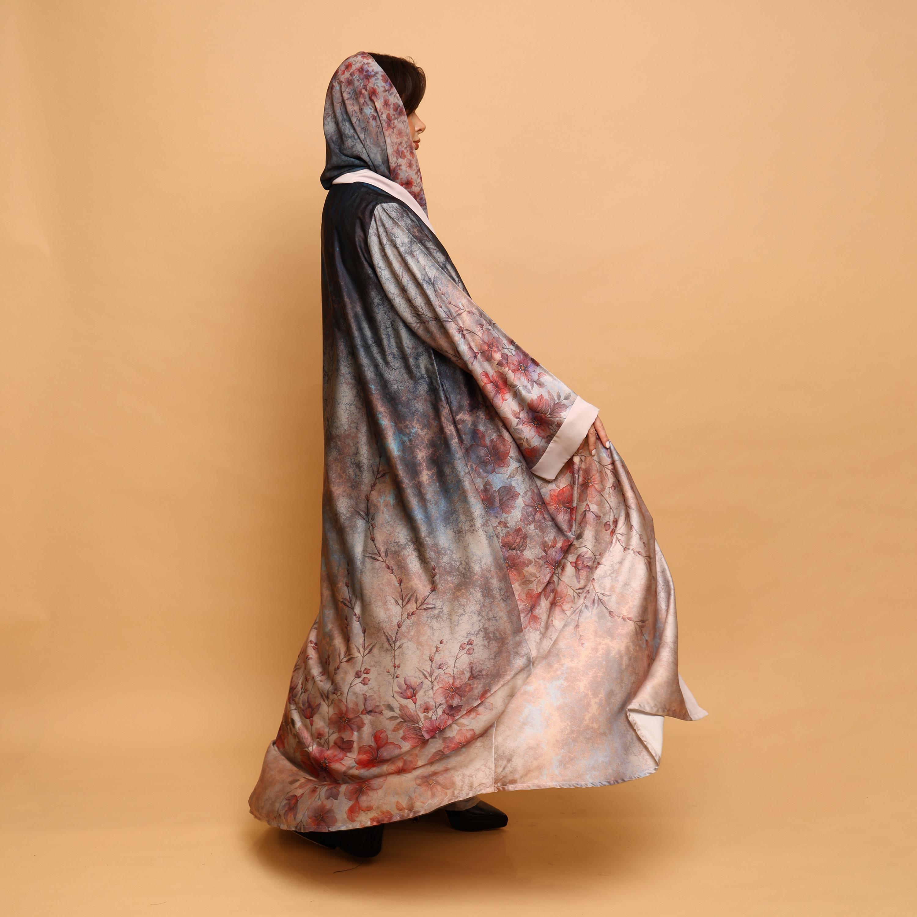عباية نسائية من قماش أرماني بطبعة زهور وأكمام واسعة مع حجاب باللون الوردي من إككسا-women-arabicclothing-abayas-image-5