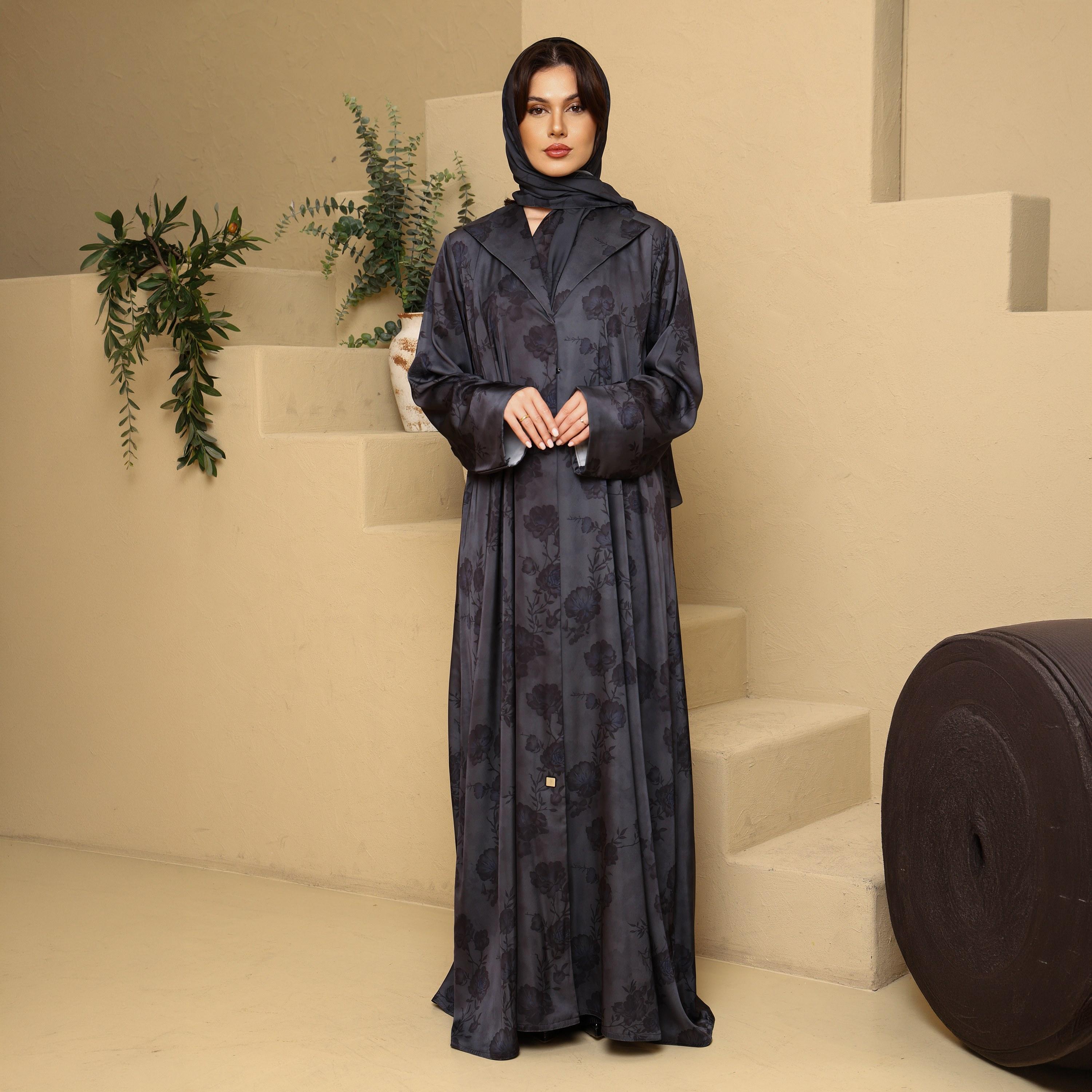 IKKXA Grey Floral Print Lapel Collar Wide Cuff Sleeves Armani Women's Abaya with Hijab-women-arabicclothing-abayas-image-1