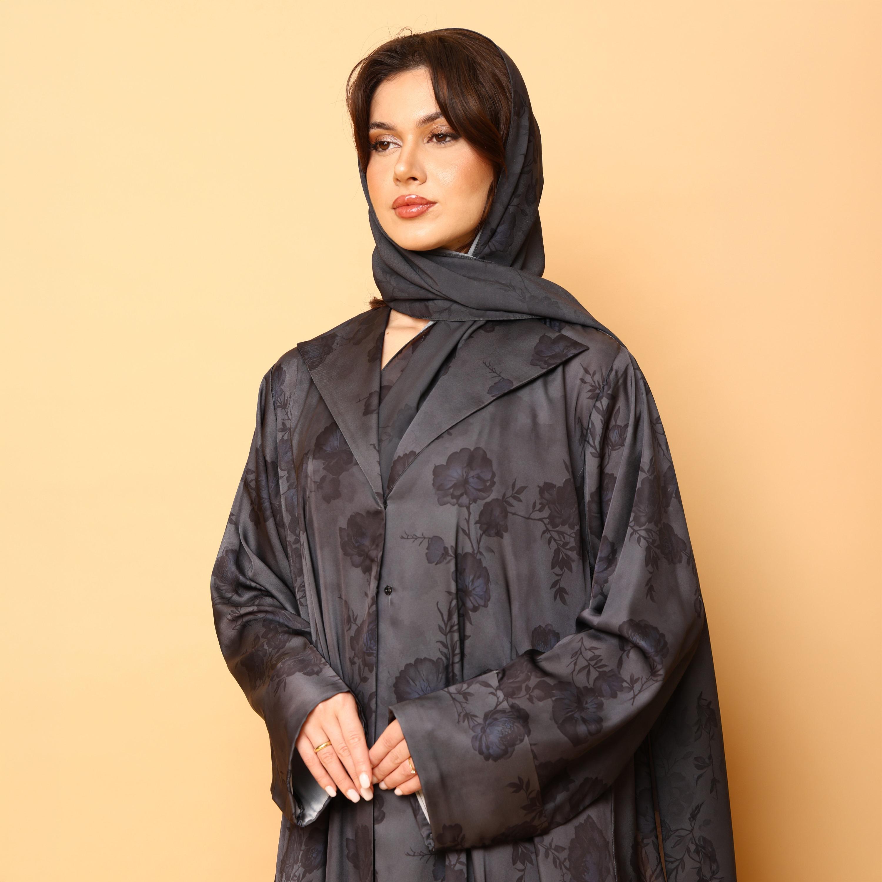 IKKXA Grey Floral Print Lapel Collar Wide Cuff Sleeves Armani Women's Abaya with Hijab-women-arabicclothing-abayas-image-2
