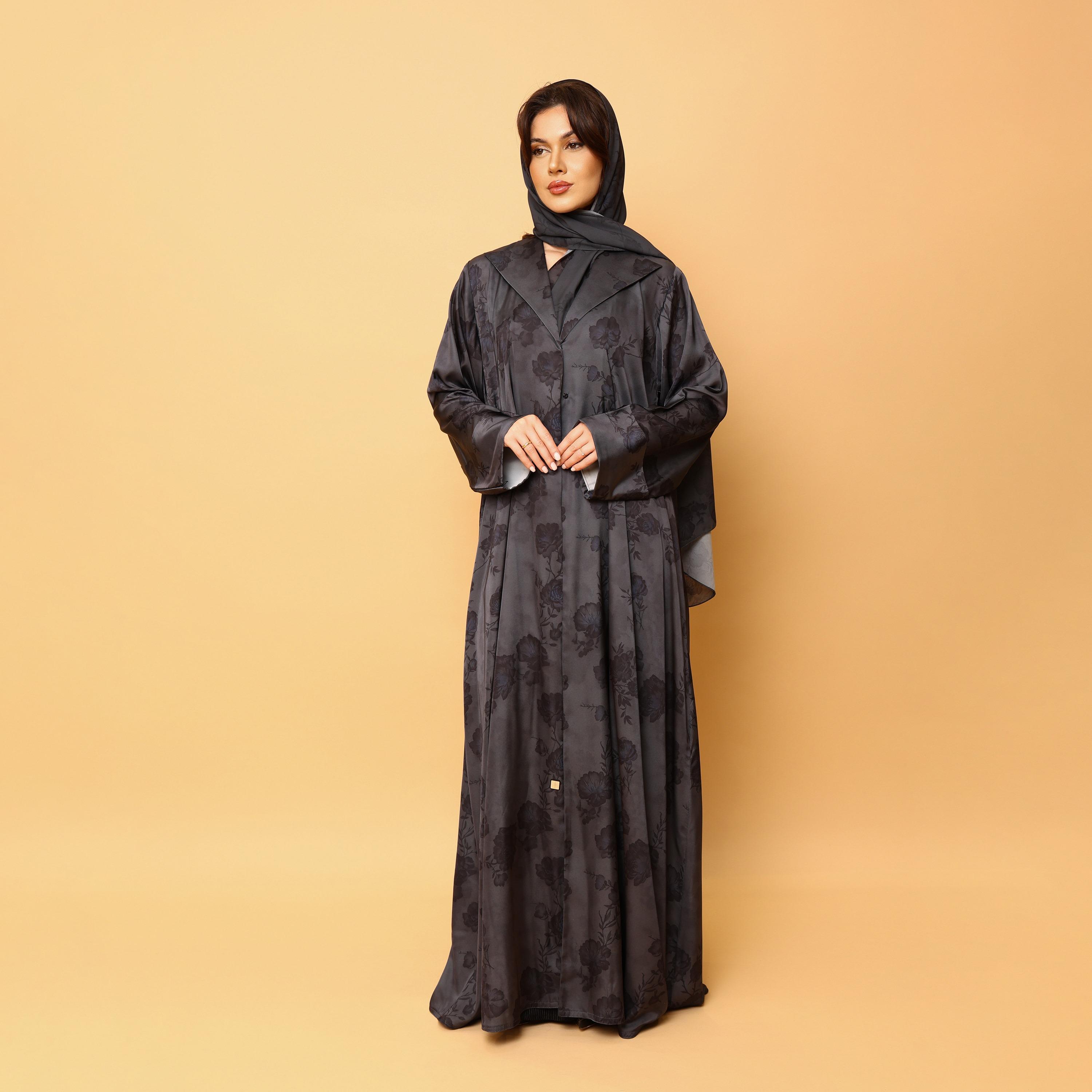 IKKXA Grey Floral Print Lapel Collar Wide Cuff Sleeves Armani Women's Abaya with Hijab-women-arabicclothing-abayas-image-3