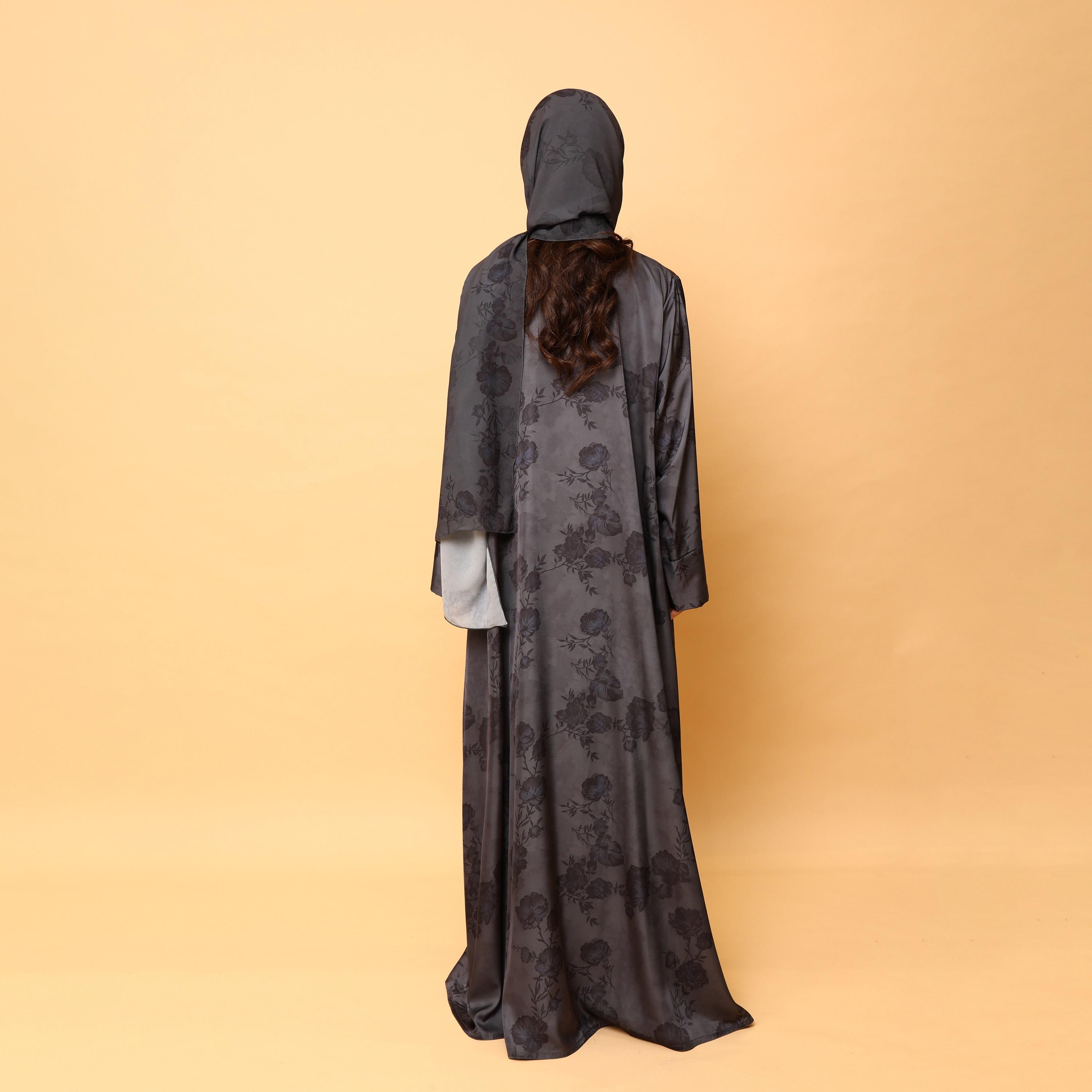 IKKXA Grey Floral Print Lapel Collar Wide Cuff Sleeves Armani Women's Abaya with Hijab-women-arabicclothing-abayas-image-4