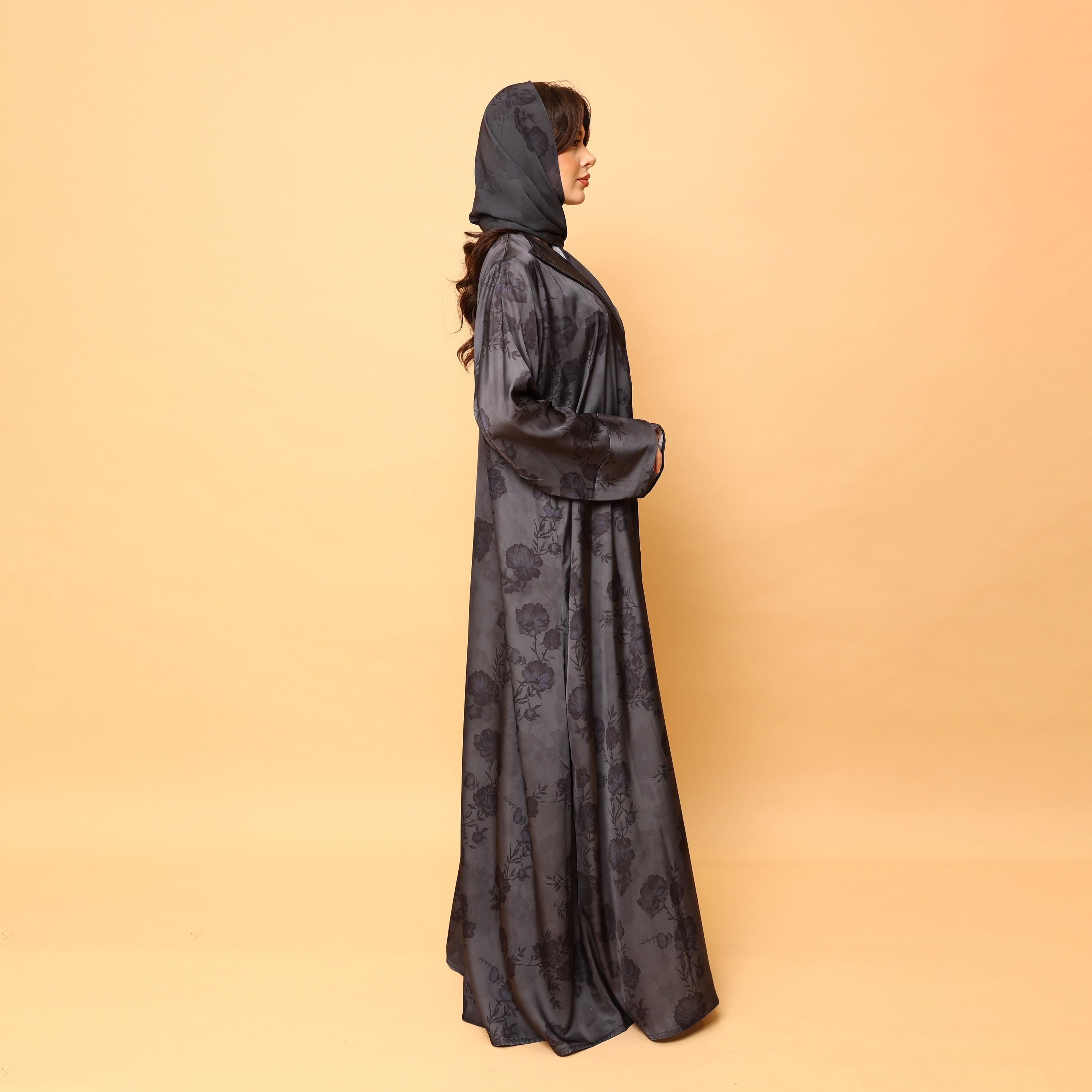 IKKXA Grey Floral Print Lapel Collar Wide Cuff Sleeves Armani Women's Abaya with Hijab-women-arabicclothing-abayas-image-5