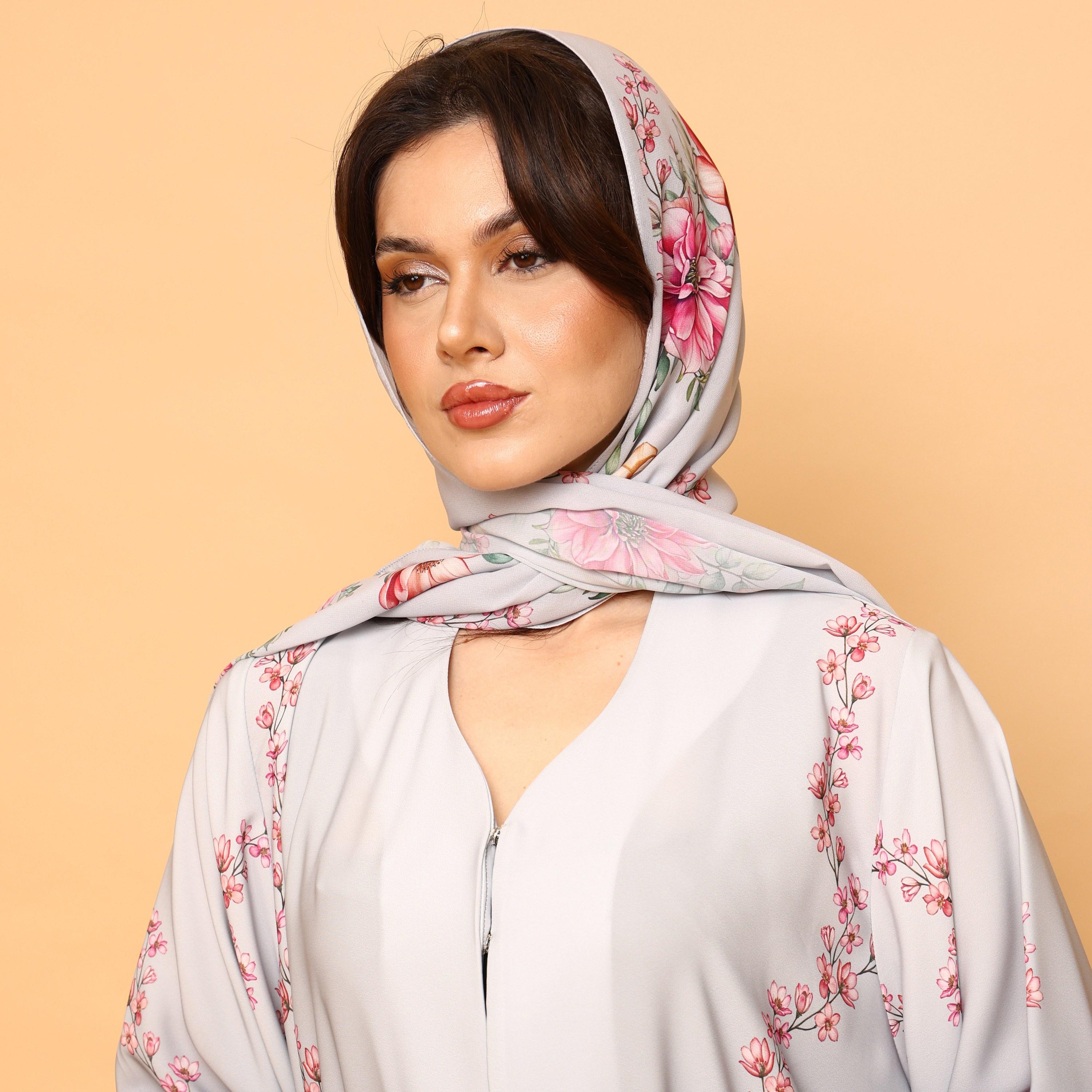 IKKXA Pink Floral Print Wide Sleeves Nida Women's Abaya with Hijab-women-arabicclothing-abayas-image-2