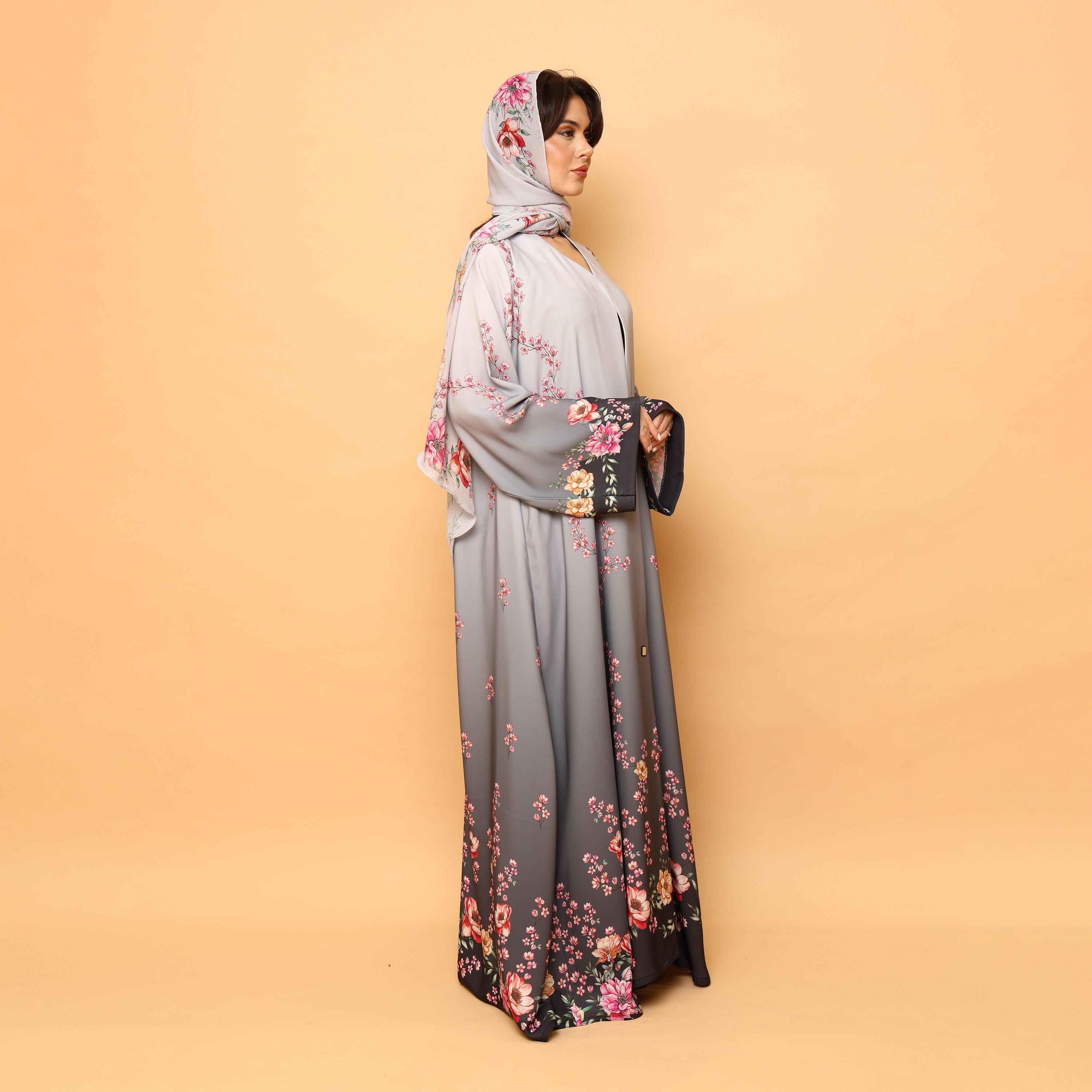 IKKXA Pink Floral Print Wide Sleeves Nida Women's Abaya with Hijab-women-arabicclothing-abayas-image-5