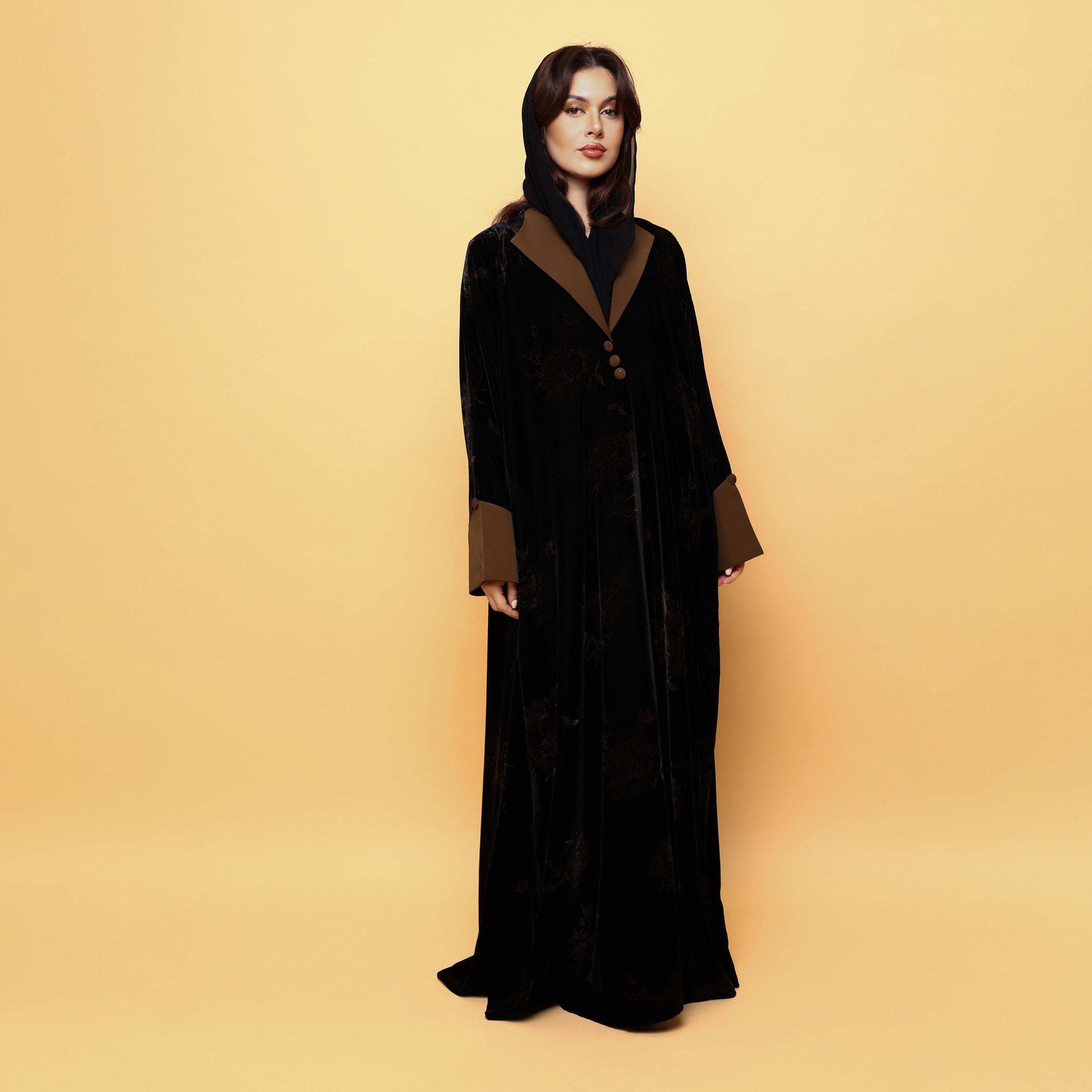 IKKXA Black Floral Print Lapel Collar Contrast Cuff Sleeves Velvet Women's Abaya with Hijab-women-arabicclothing-abayas-image-3
