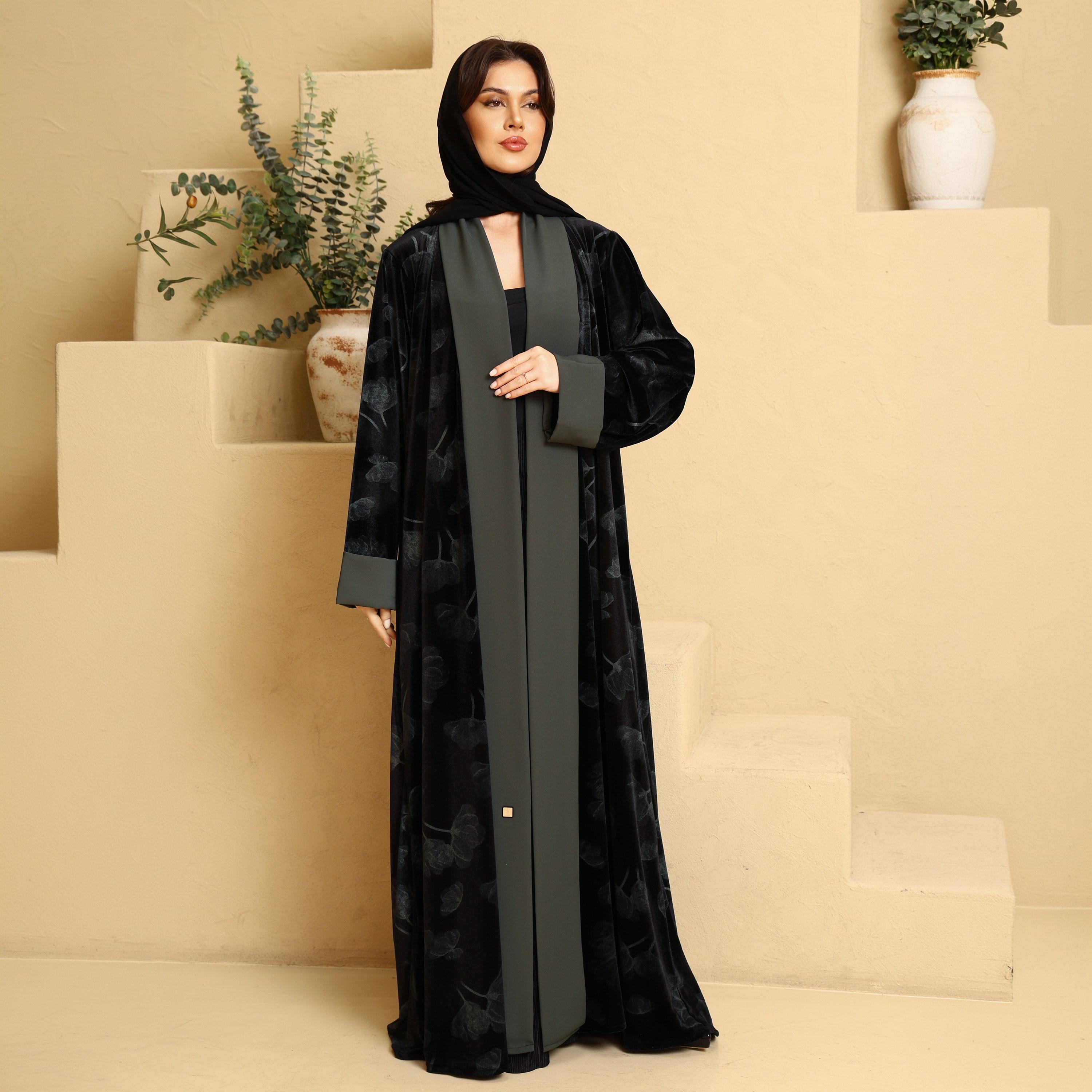 IKKXA Black Contrast Trim Floral Print Contrast Cuff Sleeves Velvet Women's Flared Abaya with Hijab-women-arabicclothing-abayas-image-1