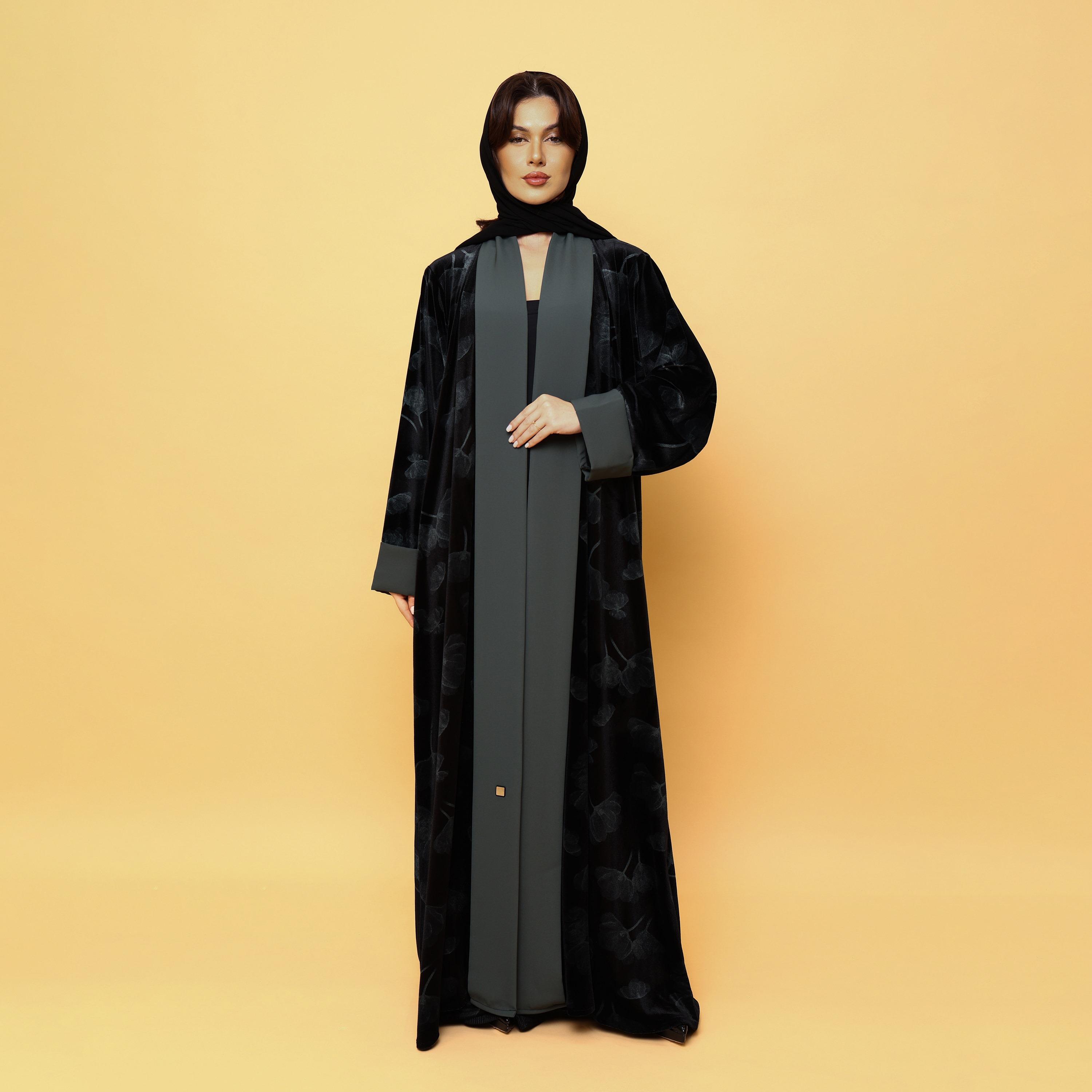 IKKXA Black Contrast Trim Floral Print Contrast Cuff Sleeves Velvet Women's Flared Abaya with Hijab-women-arabicclothing-abayas-image-3