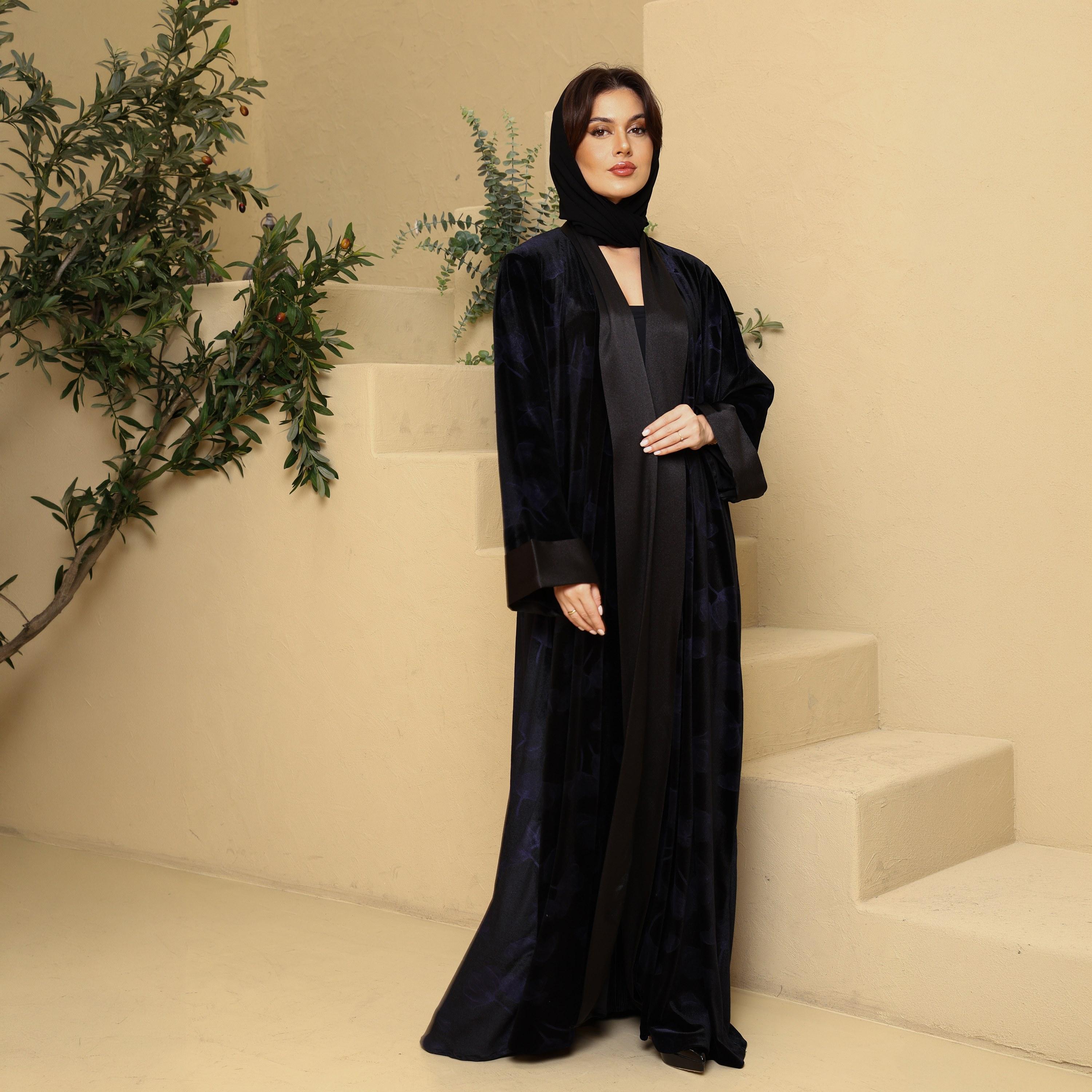 IKKXA Black Floral Print Velvet Women's Abaya with Hijab-women-arabicclothing-abayas-image-1