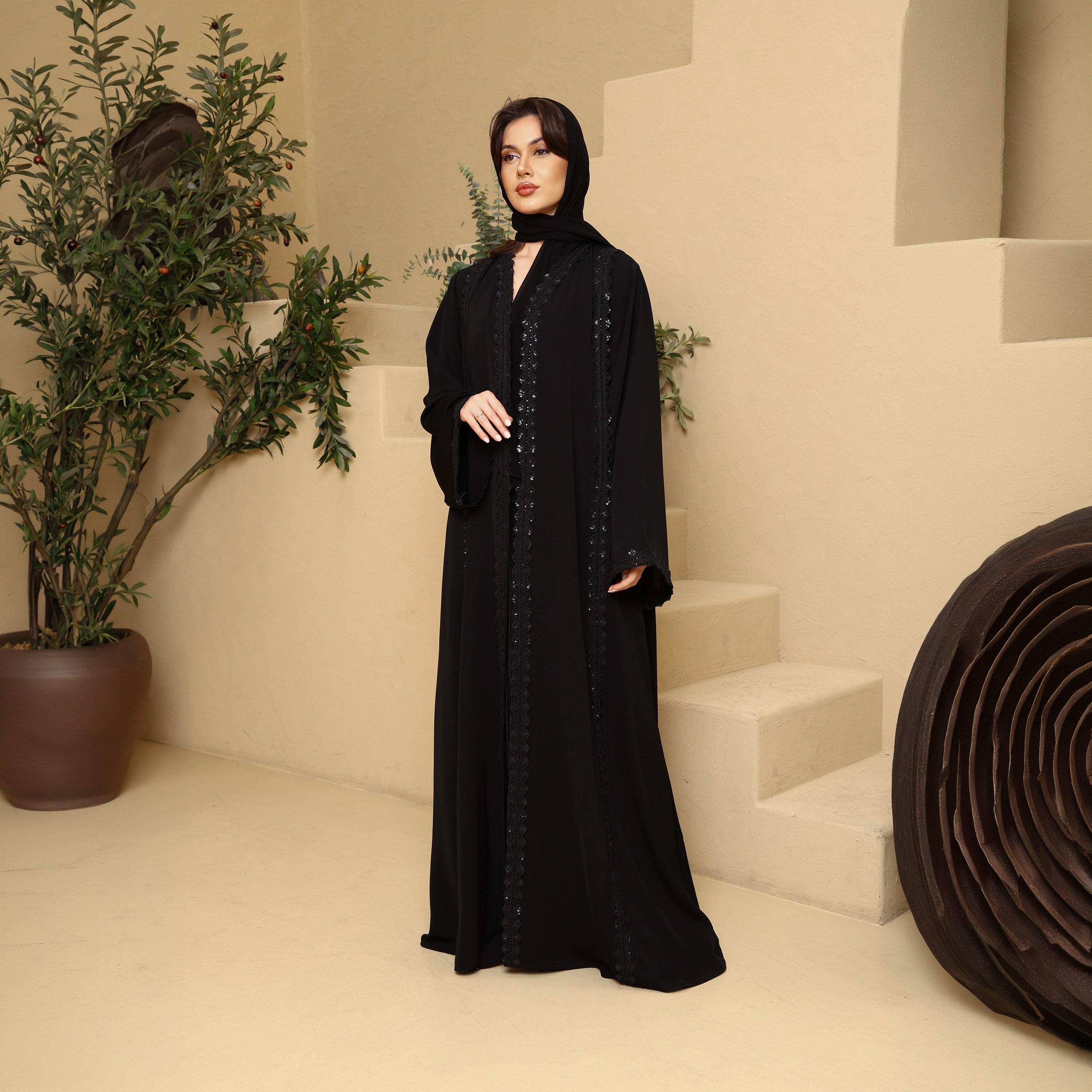IKKXA Black Lace Detailed Wide Sleeves Nida Women's Flared Abaya with Hijab-women-arabicclothing-abayas-image-1