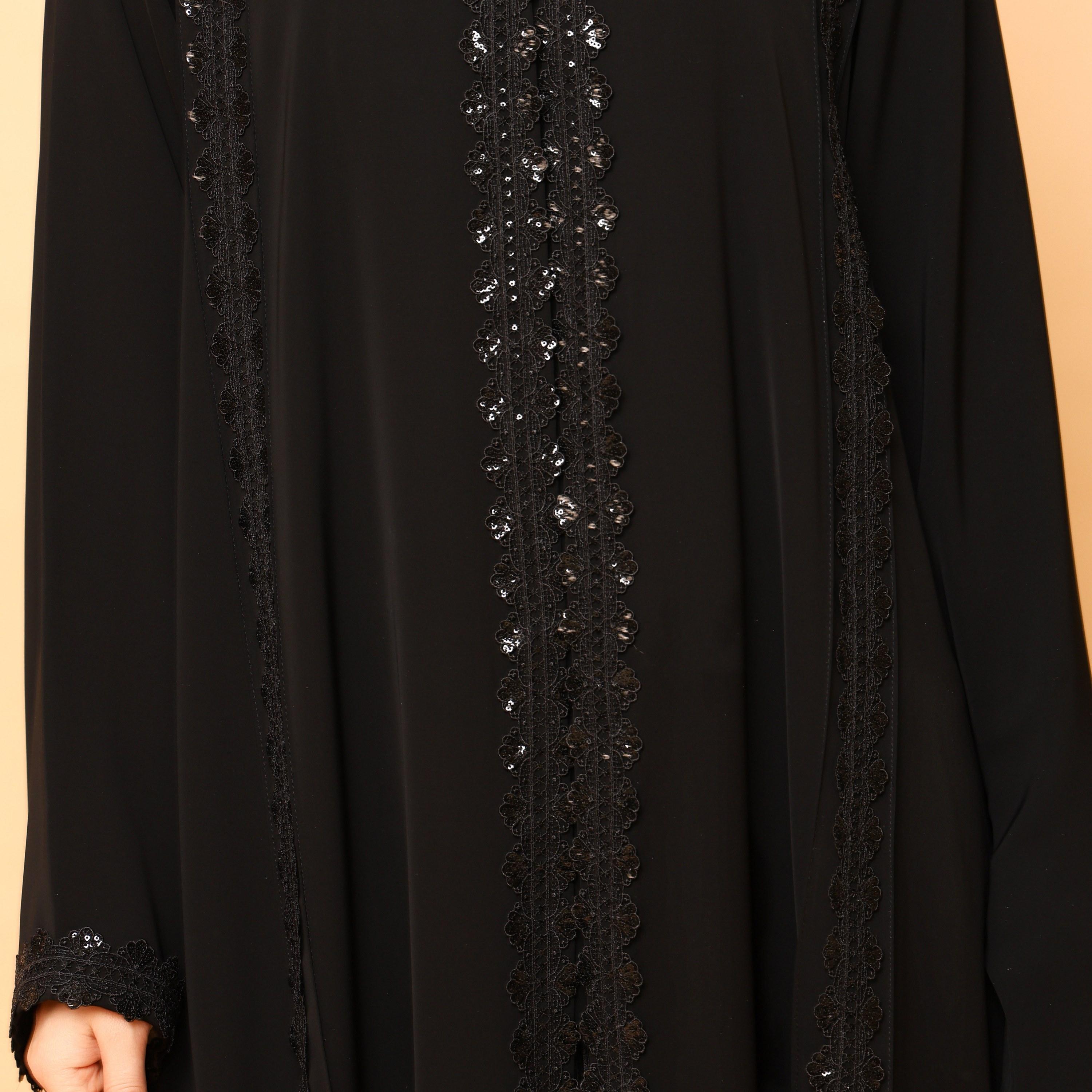 IKKXA Black Lace Detailed Wide Sleeves Nida Women's Flared Abaya with Hijab-women-arabicclothing-abayas-image-2