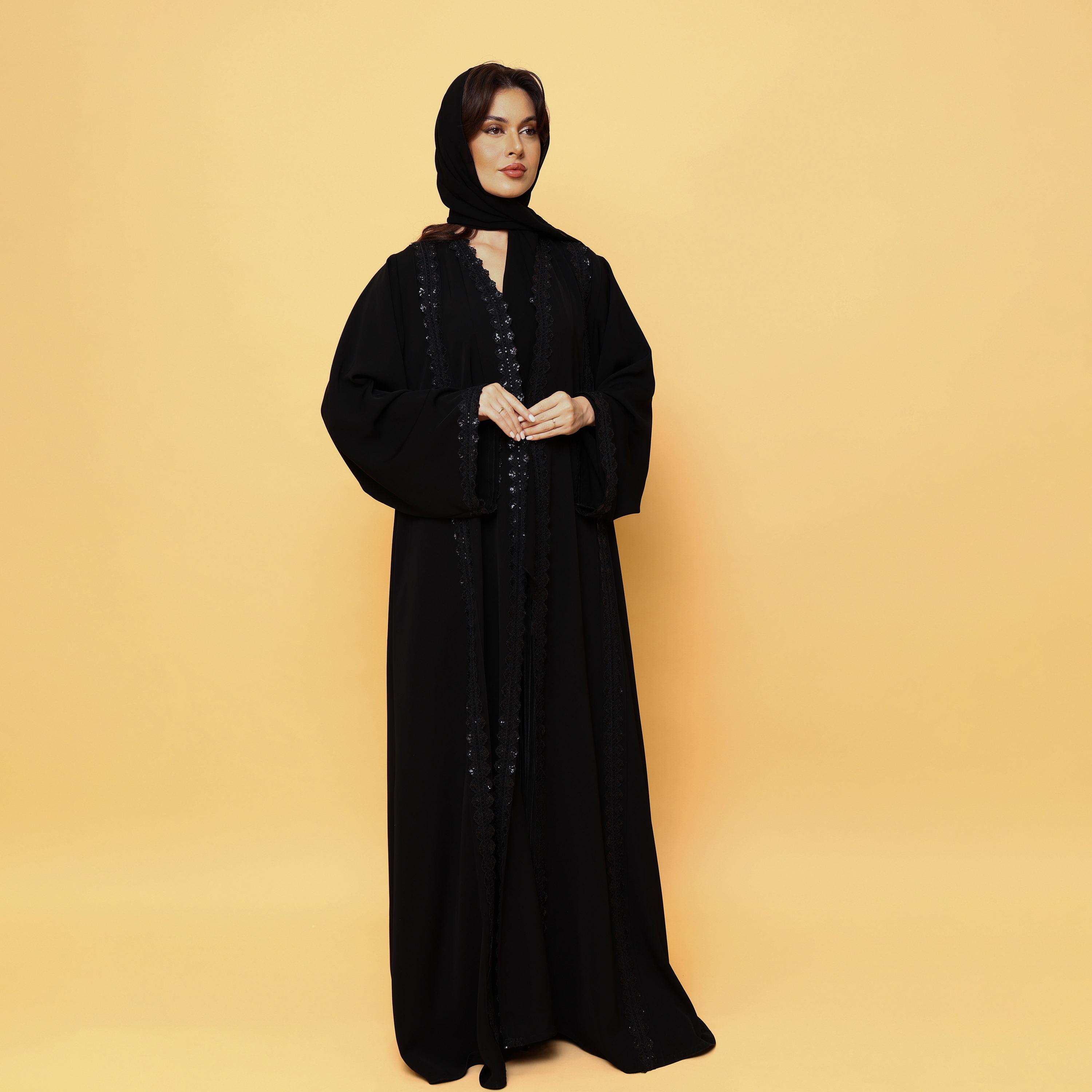IKKXA Black Lace Detailed Wide Sleeves Nida Women's Flared Abaya with Hijab-women-arabicclothing-abayas-image-3