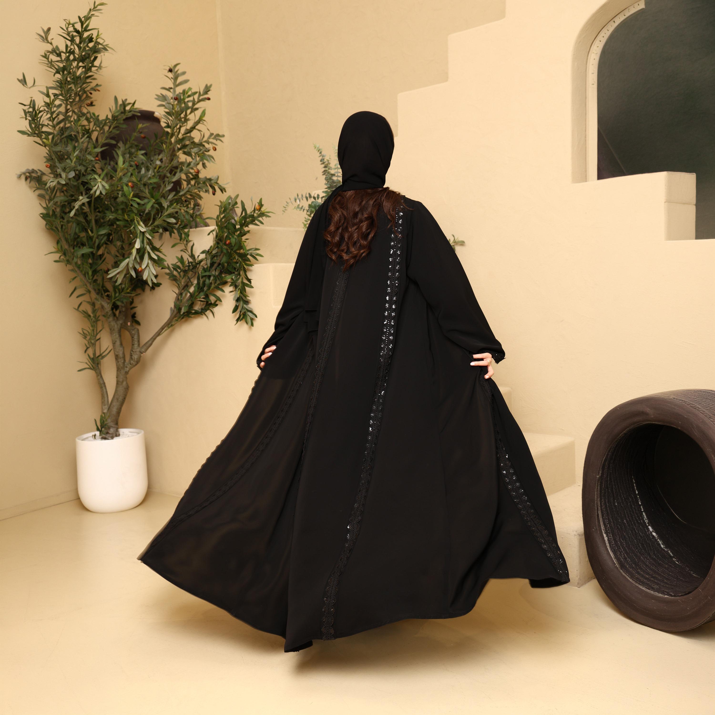 IKKXA Black Lace Detailed Wide Sleeves Nida Women's Flared Abaya with Hijab-women-arabicclothing-abayas-image-4