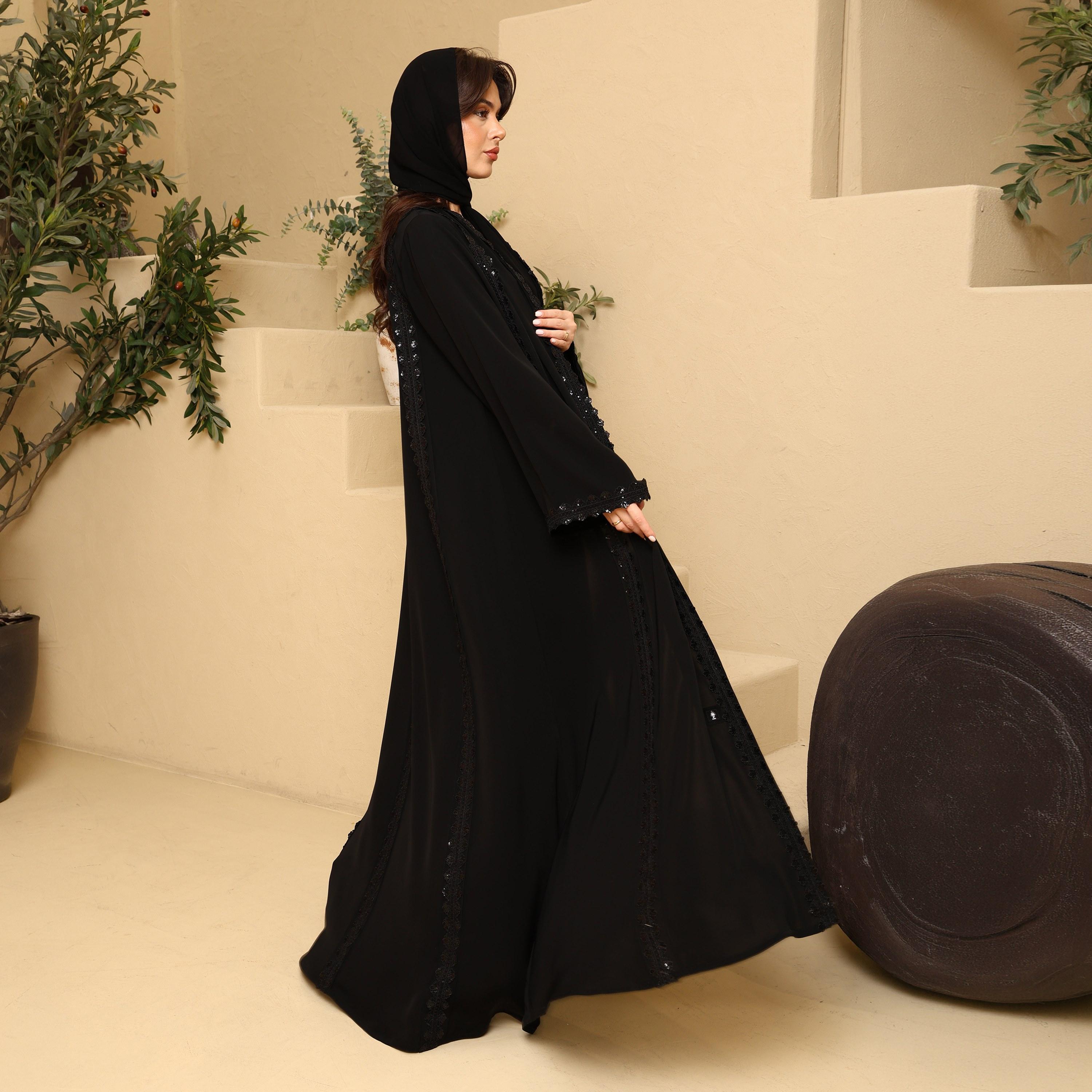 IKKXA Black Lace Detailed Wide Sleeves Nida Women's Flared Abaya with Hijab-women-arabicclothing-abayas-image-5
