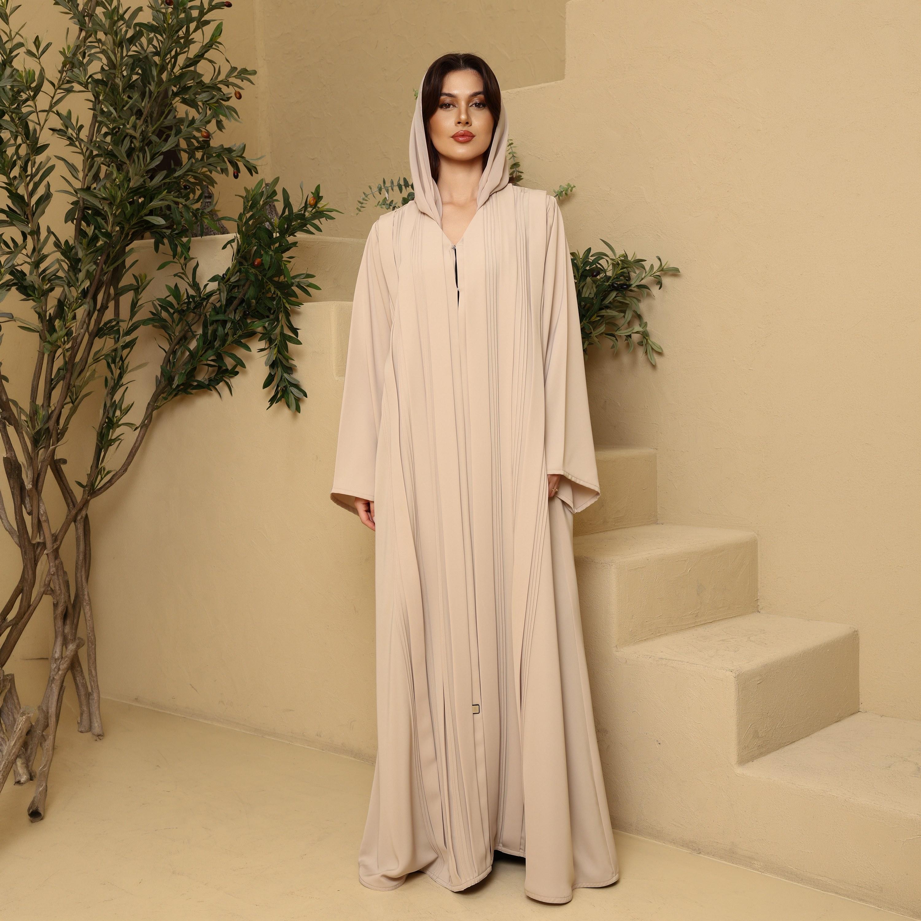 IKKXA Beige Pintuck Detailed Wide Sleeves Nida Women's Flared Abaya with Hijab-women-arabicclothing-abayas-image-1
