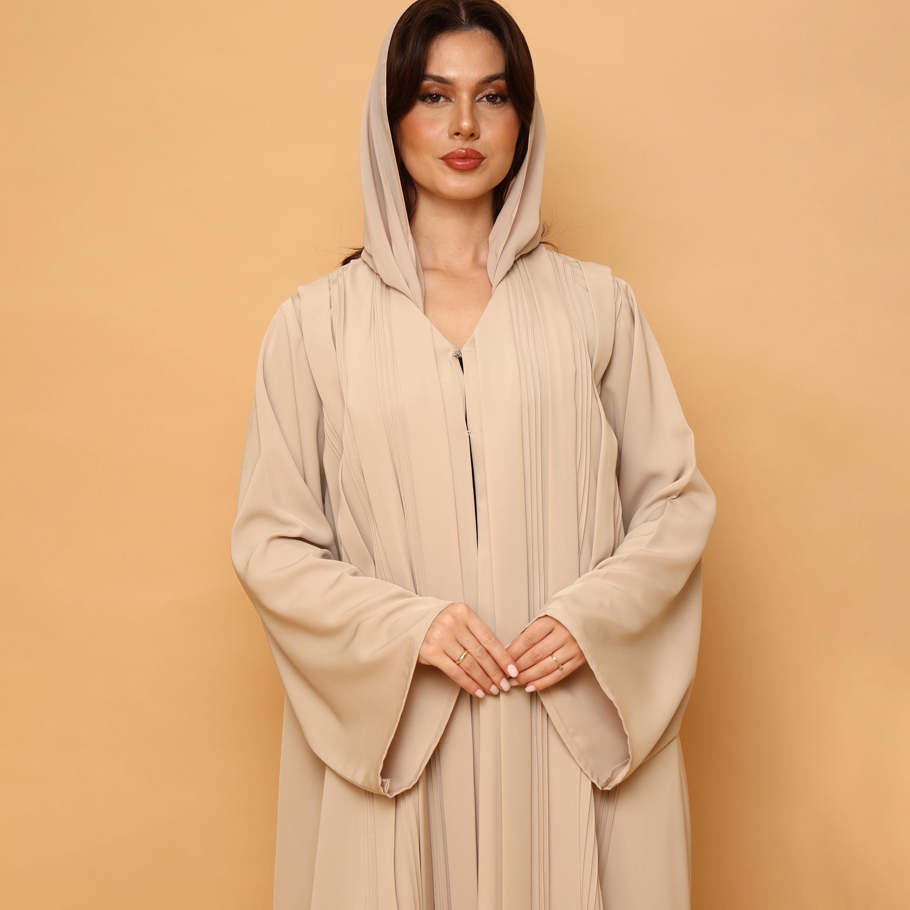 IKKXA Beige Pintuck Detailed Wide Sleeves Nida Women's Flared Abaya with Hijab-women-arabicclothing-abayas-image-2