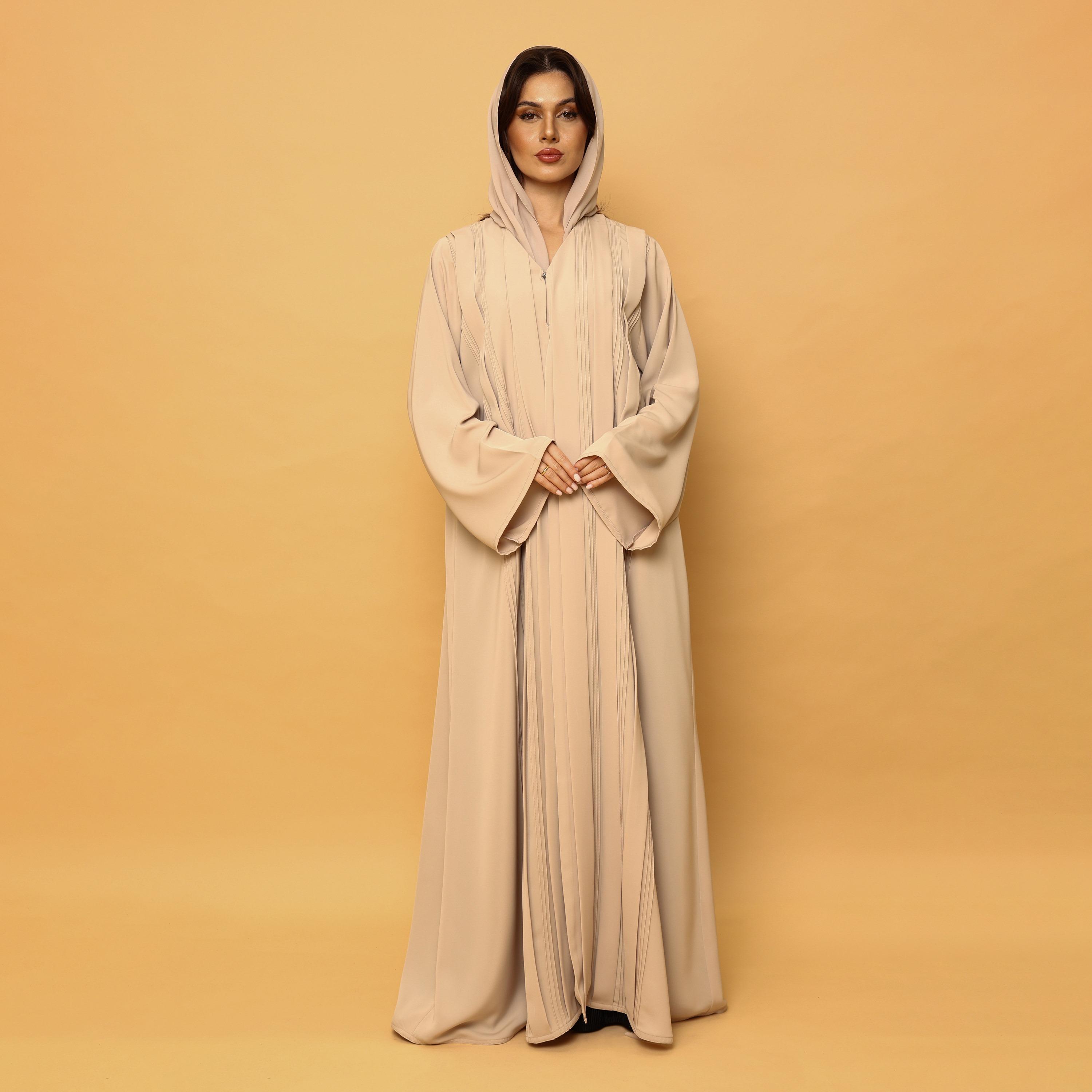 IKKXA Beige Pintuck Detailed Wide Sleeves Nida Women's Flared Abaya with Hijab-women-arabicclothing-abayas-image-3