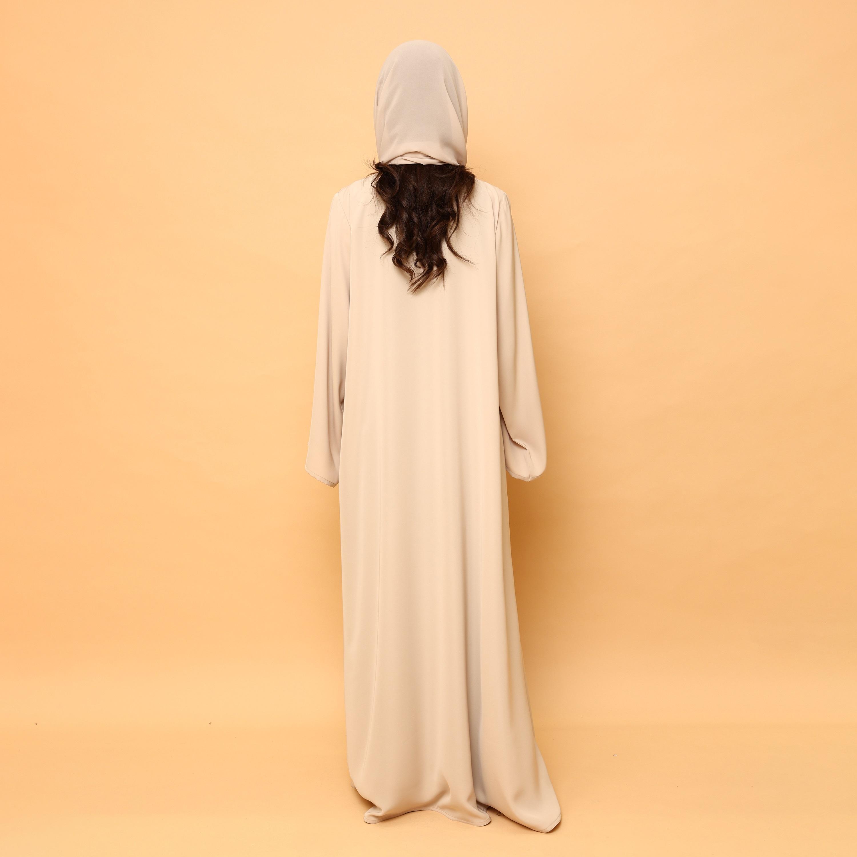 IKKXA Beige Pintuck Detailed Wide Sleeves Nida Women's Flared Abaya with Hijab-women-arabicclothing-abayas-image-4