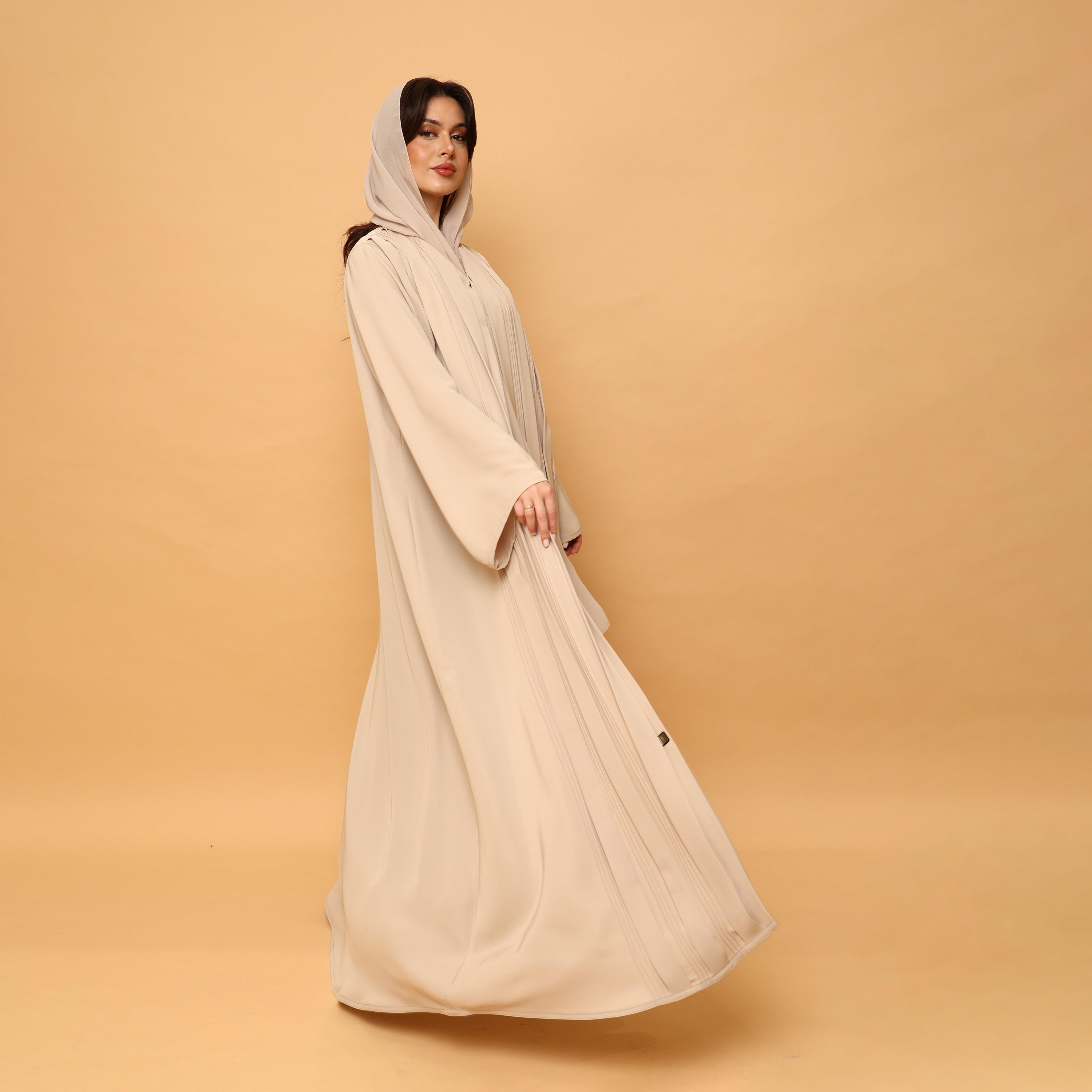 IKKXA Beige Pintuck Detailed Wide Sleeves Nida Women's Flared Abaya with Hijab-women-arabicclothing-abayas-image-5