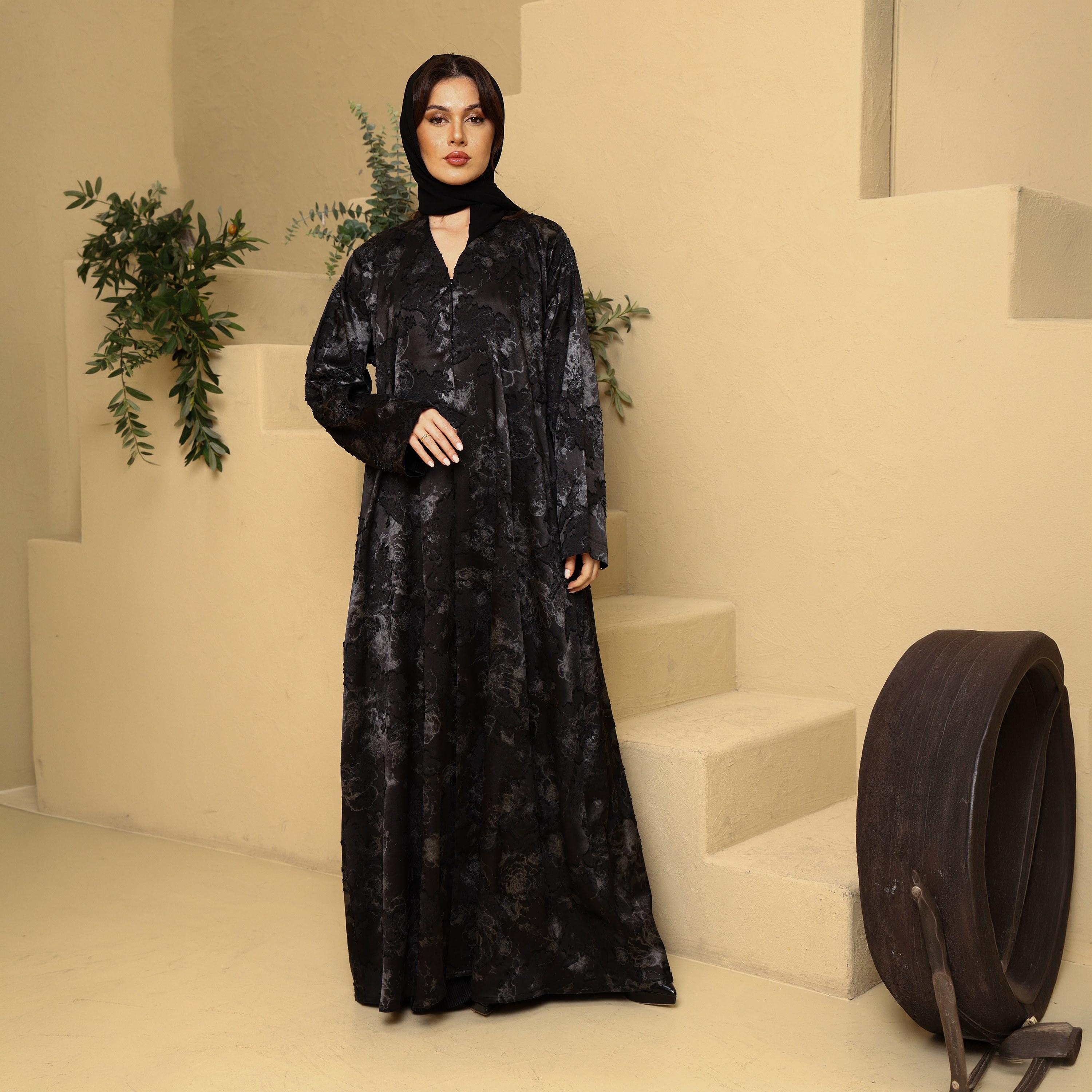 IKKXA Grey Floral Print Women's Abaya with Hijab-women-arabicclothing-abayas-image-1