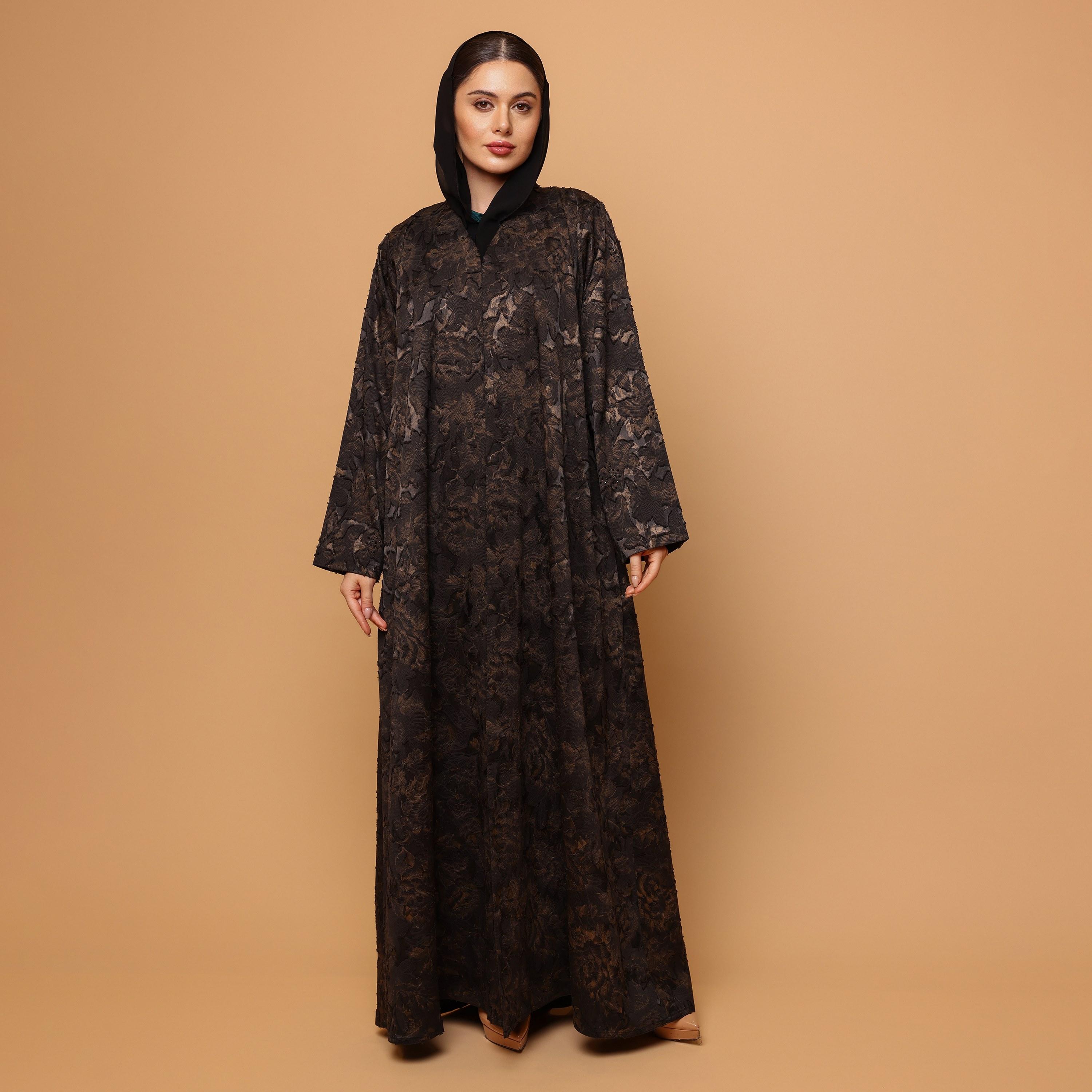 عباية نسائية من قماش الجاكار بنقشة زهور مع حجاب باللون البني من إككسا-women-arabicclothing-abayas-image-3