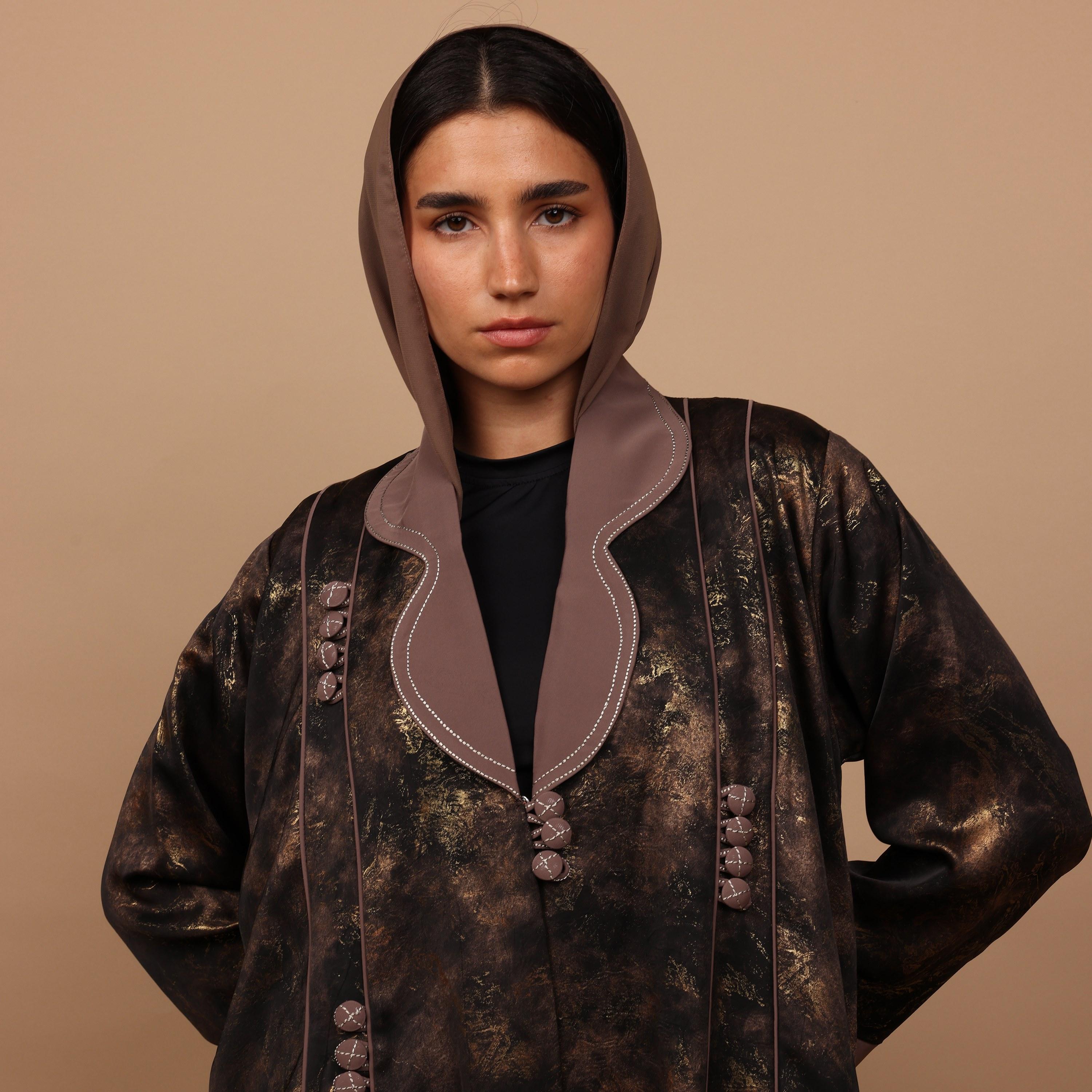 IKKXA Brown Abstract Metallic Print Lapel Collar Marble Paris  Women's Abaya with Hijab-women-arabicclothing-abayas-image-2
