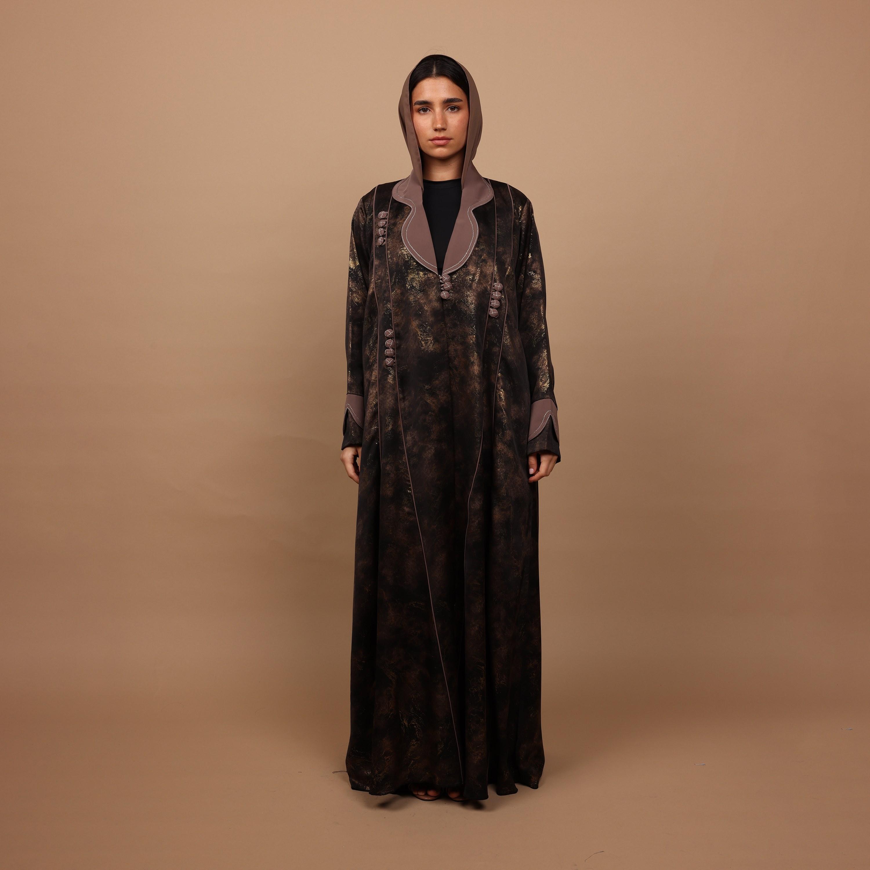 IKKXA Brown Abstract Metallic Print Lapel Collar Marble Paris  Women's Abaya with Hijab-women-arabicclothing-abayas-image-3