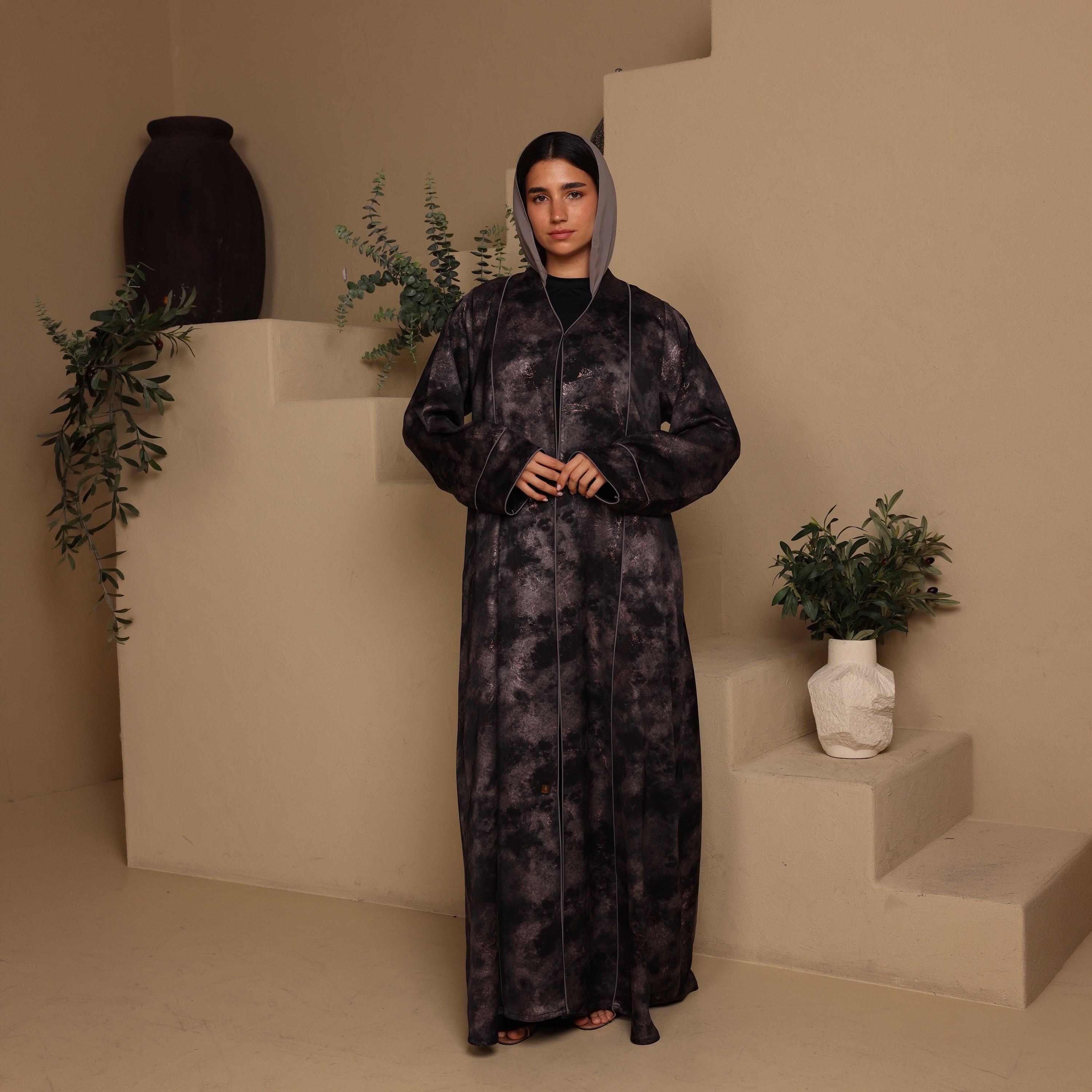 IKKXA Grey Abstract Metallic Print Marble Paris  Women's Abaya with Hijab-women-arabicclothing-abayas-image-1