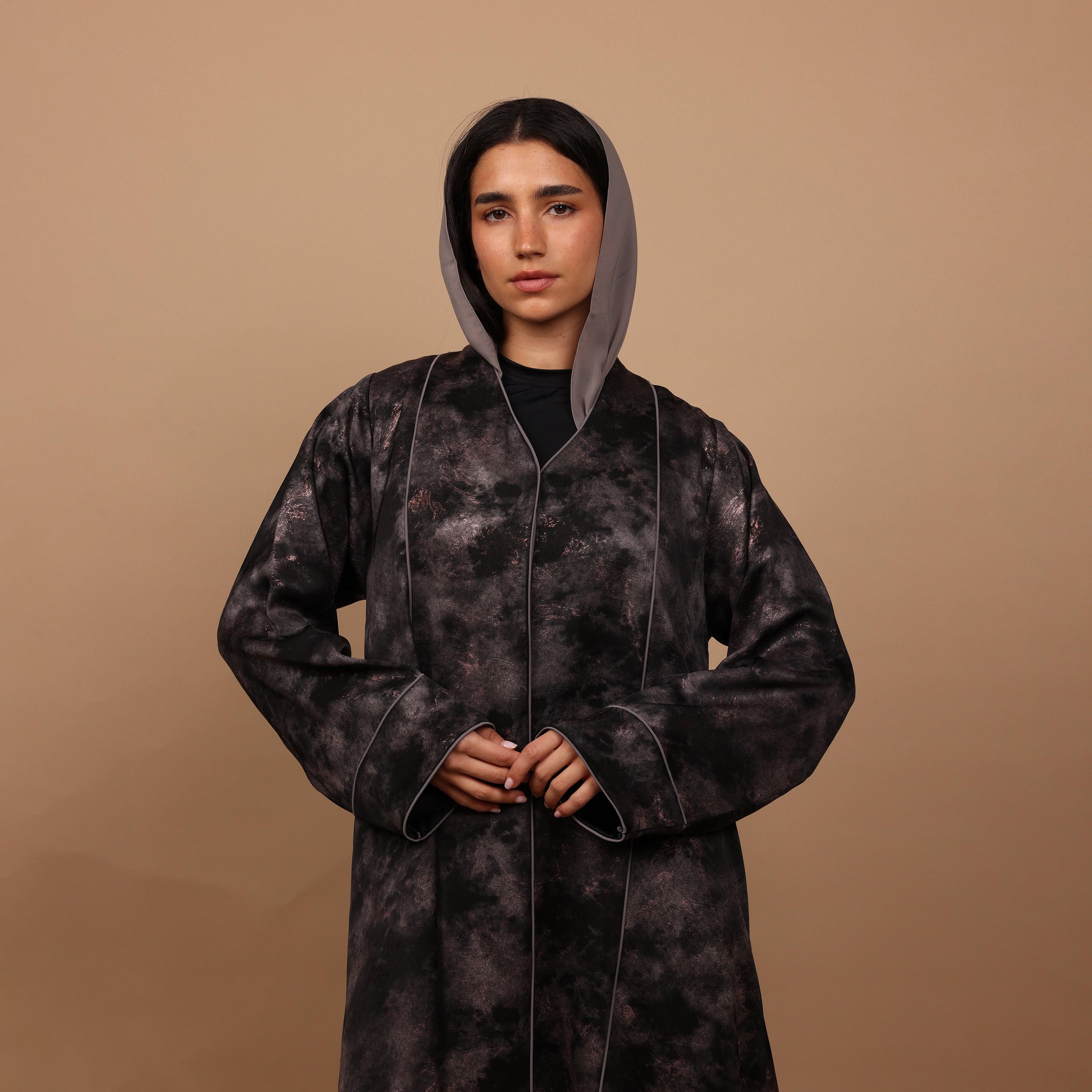 IKKXA Grey Abstract Metallic Print Marble Paris  Women's Abaya with Hijab-women-arabicclothing-abayas-image-2