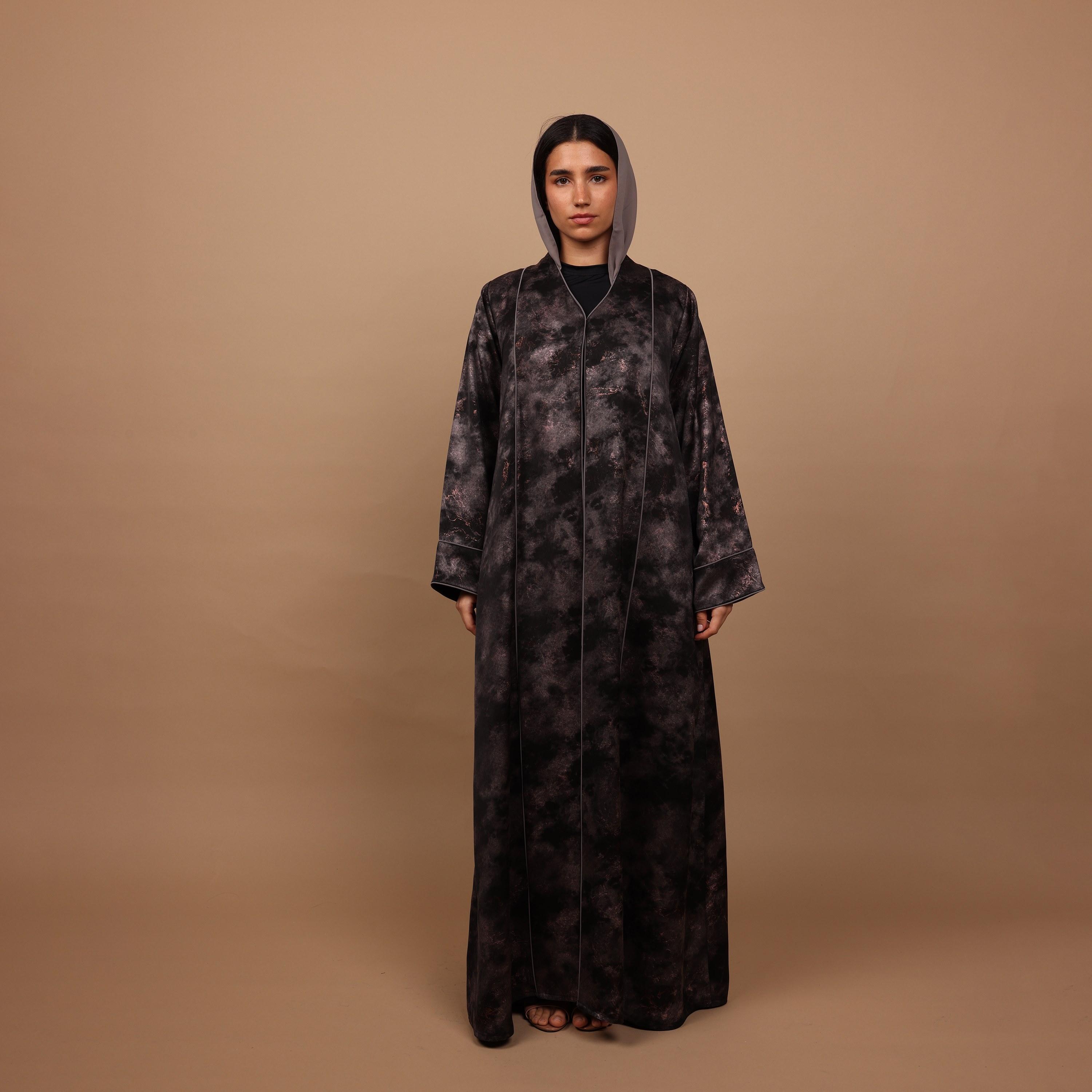 IKKXA Grey Abstract Metallic Print Marble Paris  Women's Abaya with Hijab-women-arabicclothing-abayas-image-3