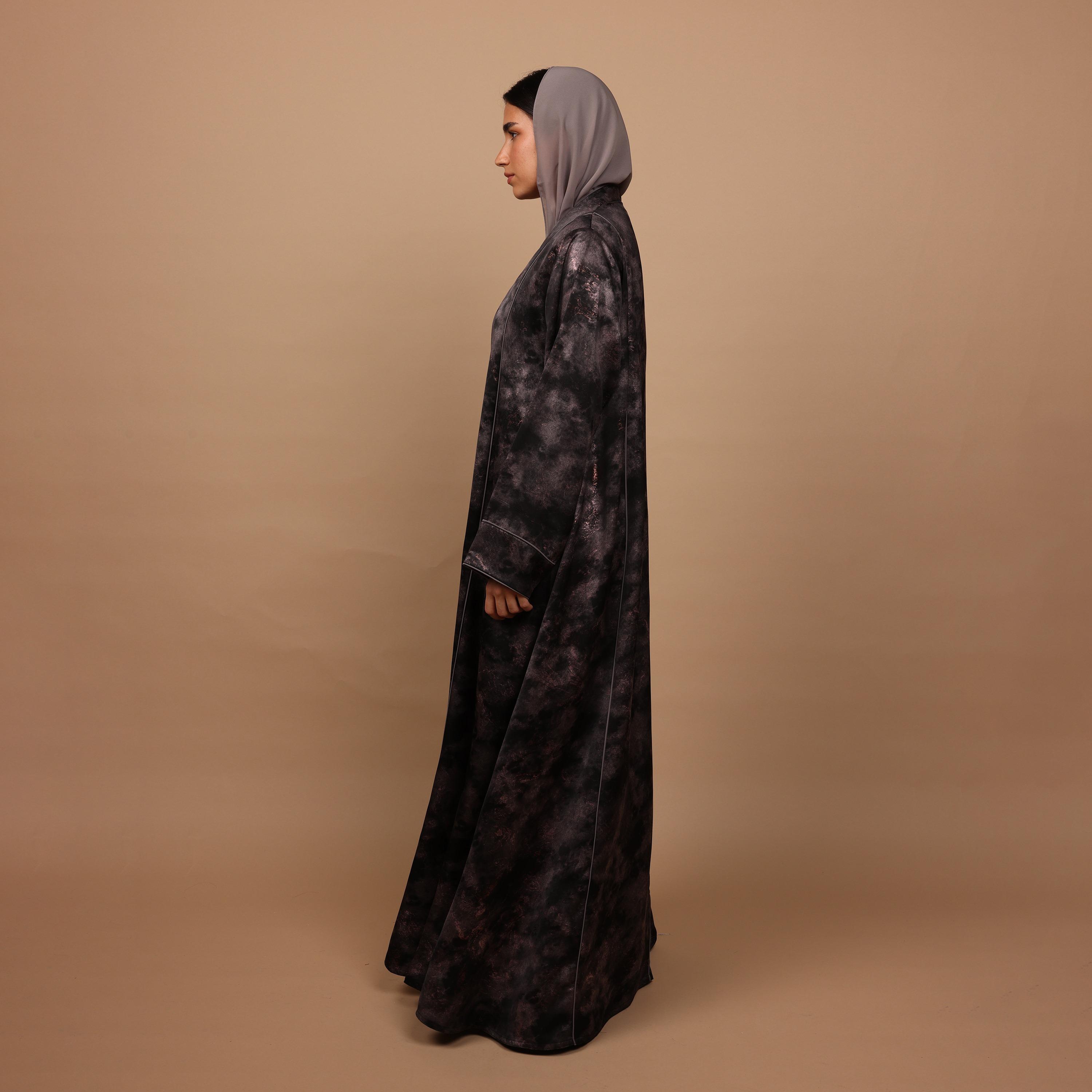 IKKXA Grey Abstract Metallic Print Marble Paris  Women's Abaya with Hijab-women-arabicclothing-abayas-image-5