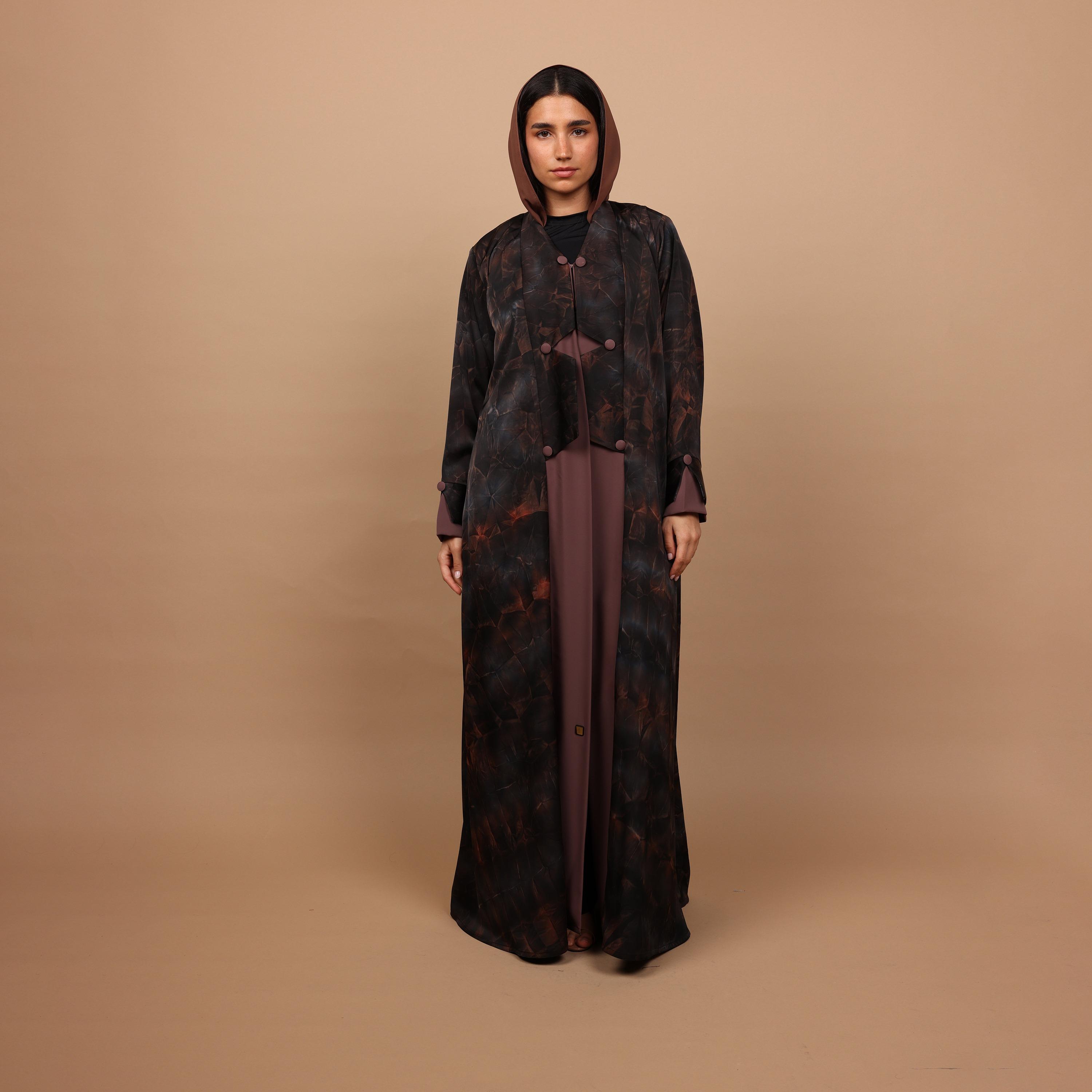 عباية نسائية بطبعة رخامية وأكمام ذات فتحات (شقوق) مع حجاب باللون الخوخي من إككسا-women-arabicclothing-abayas-image-1