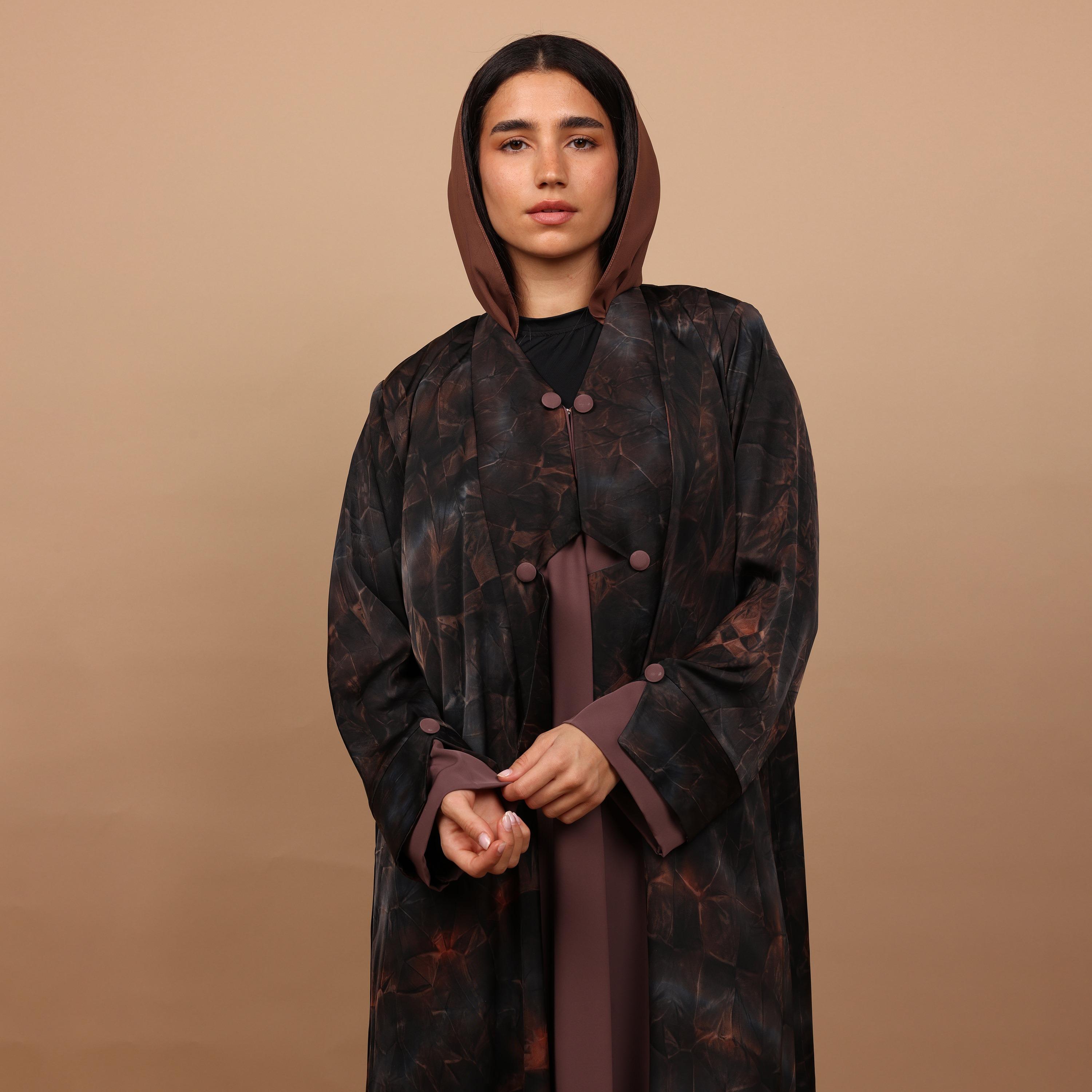 عباية نسائية بطبعة رخامية وأكمام ذات فتحات (شقوق) مع حجاب باللون الخوخي من إككسا-women-arabicclothing-abayas-image-2