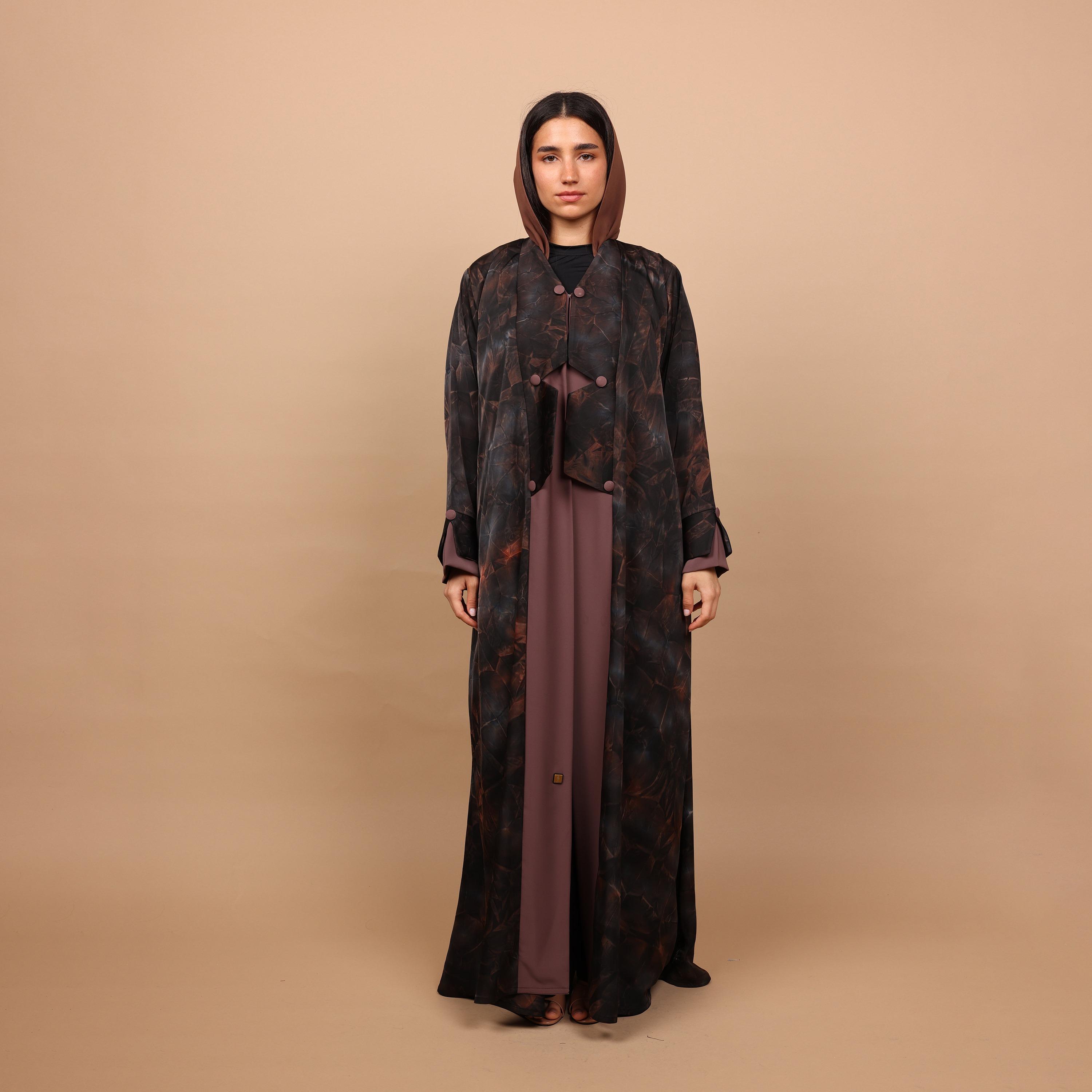 IKKXA Peach Marble Print Slit Detailed Sleeves Women's Abaya with Hijab-women-arabicclothing-abayas-image-3
