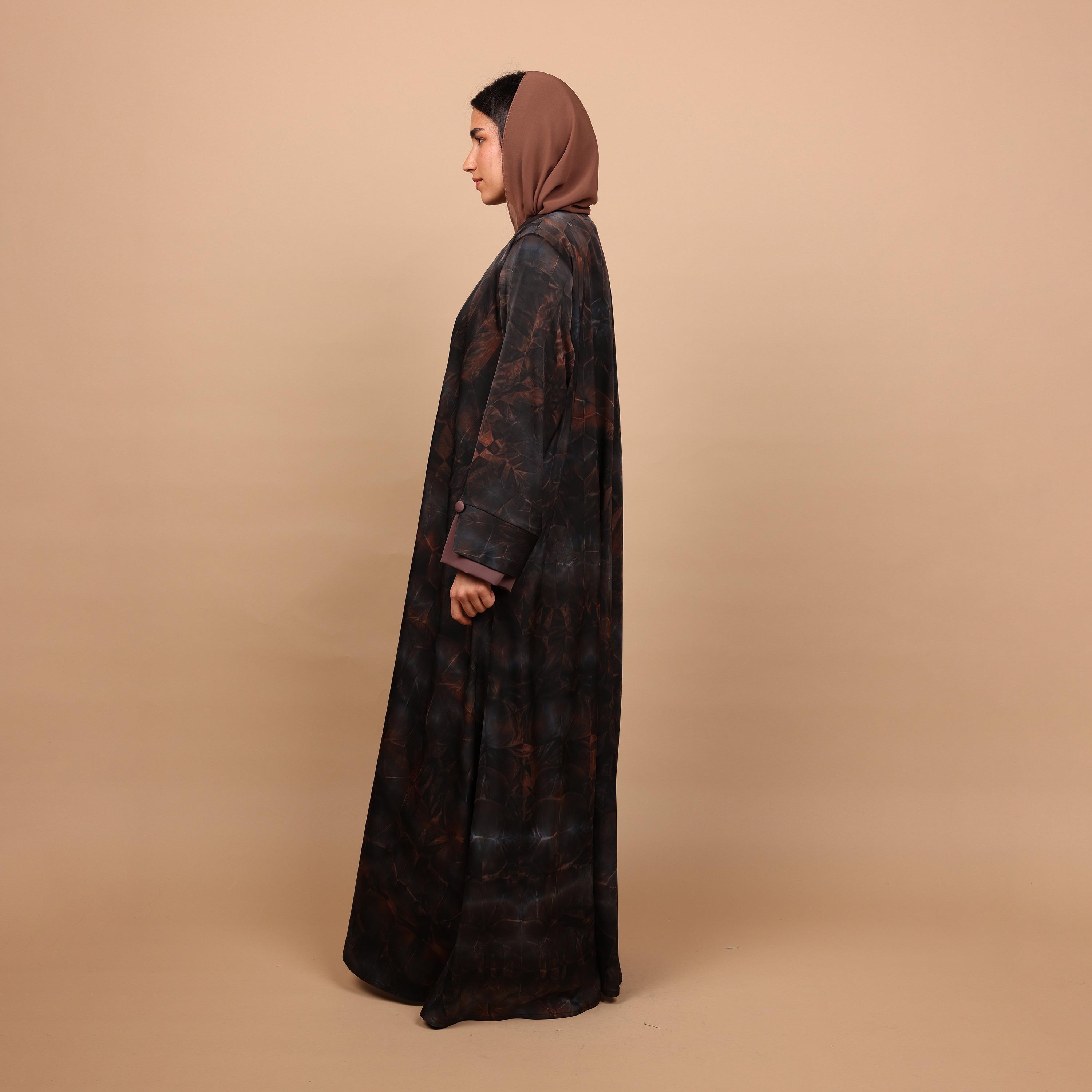 عباية نسائية بطبعة رخامية وأكمام ذات فتحات (شقوق) مع حجاب باللون الخوخي من إككسا-women-arabicclothing-abayas-image-5
