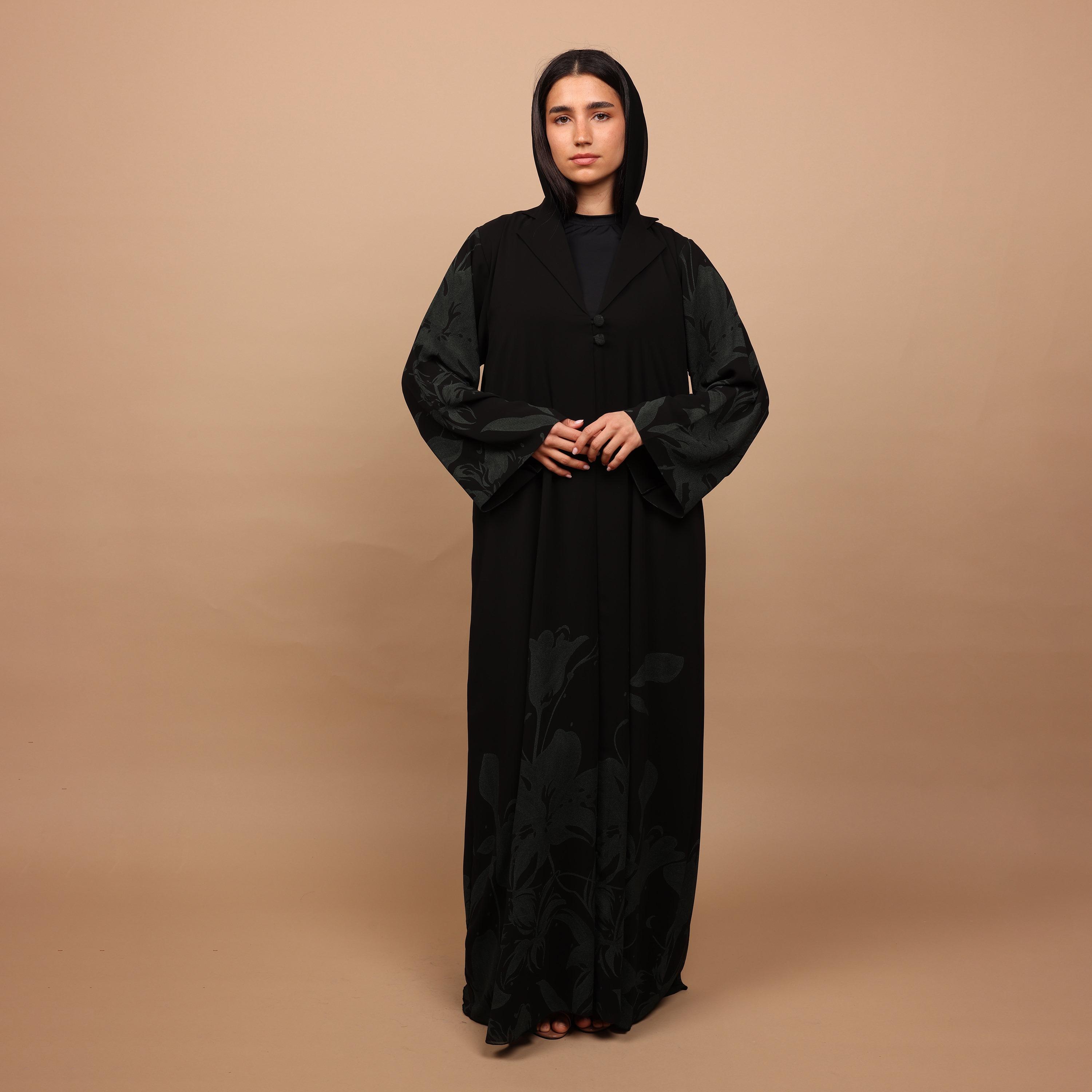 IKKXA Black Floral Print Lapel Collar Flared Sleeves Chiffon Women's Abaya with Hijab-women-arabicclothing-abayas-image-1
