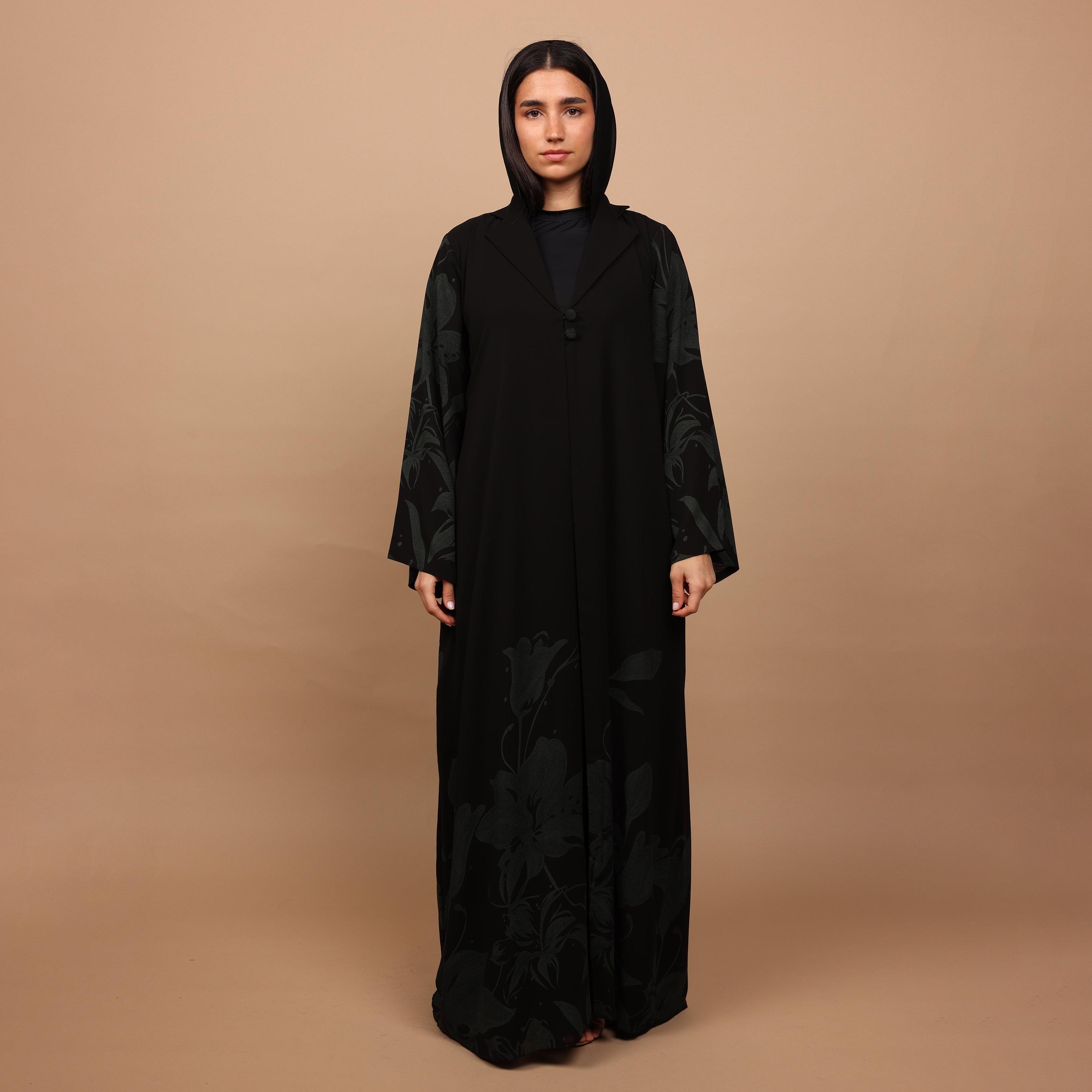 IKKXA Black Floral Print Lapel Collar Flared Sleeves Chiffon Women's Abaya with Hijab-women-arabicclothing-abayas-image-3