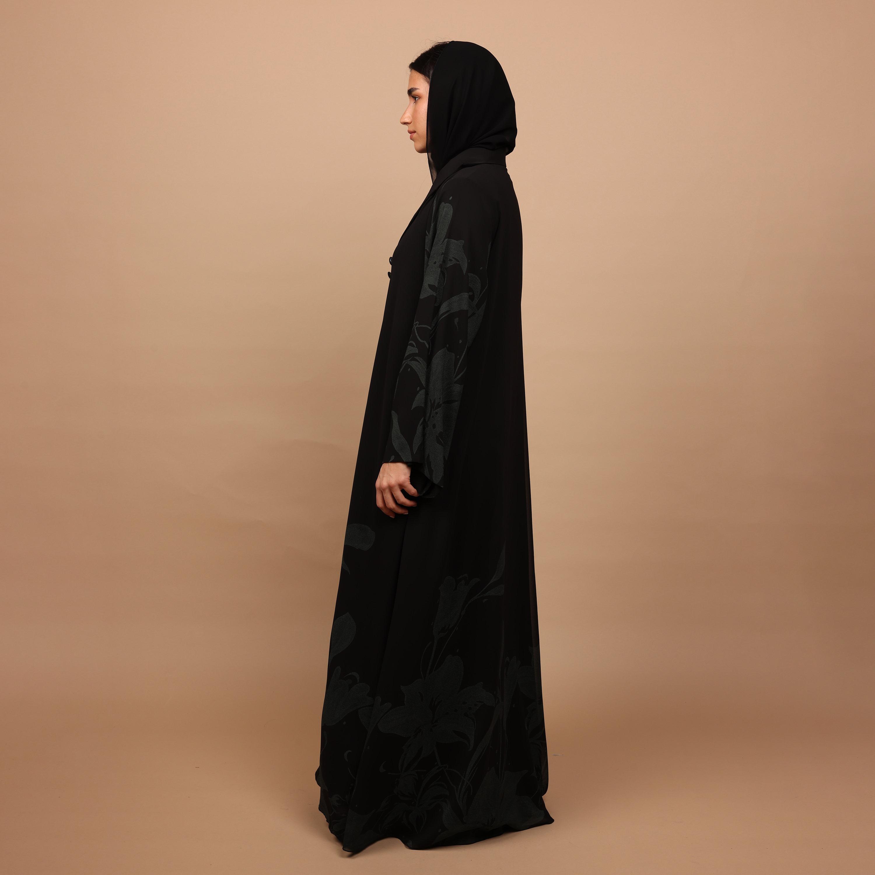IKKXA Black Floral Print Lapel Collar Flared Sleeves Chiffon Women's Abaya with Hijab-women-arabicclothing-abayas-image-5