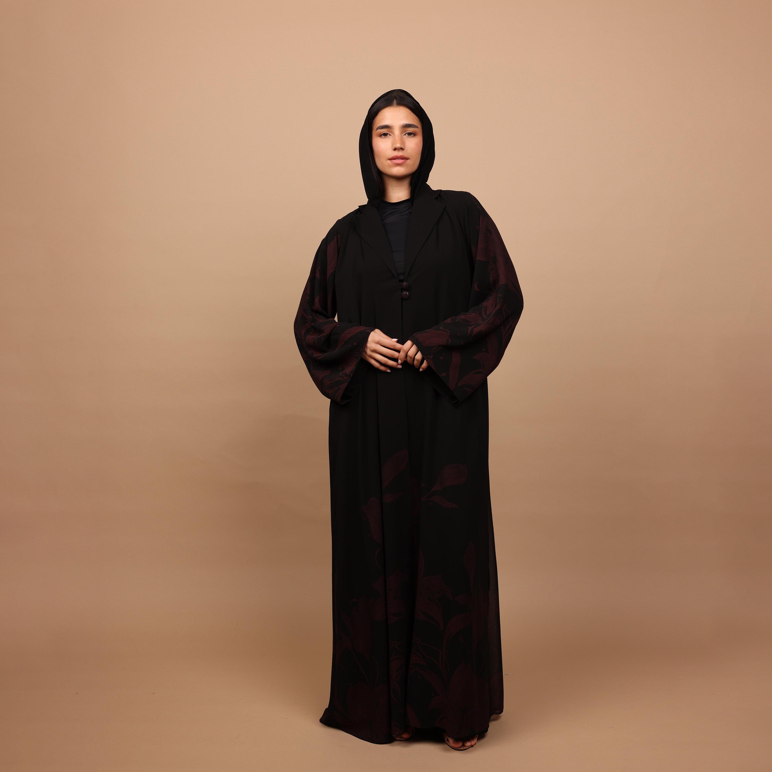 IKKXA Black Floral Print Wide Sleeves Chiffon Women's Abaya with Hijab-women-arabicclothing-abayas-image-1