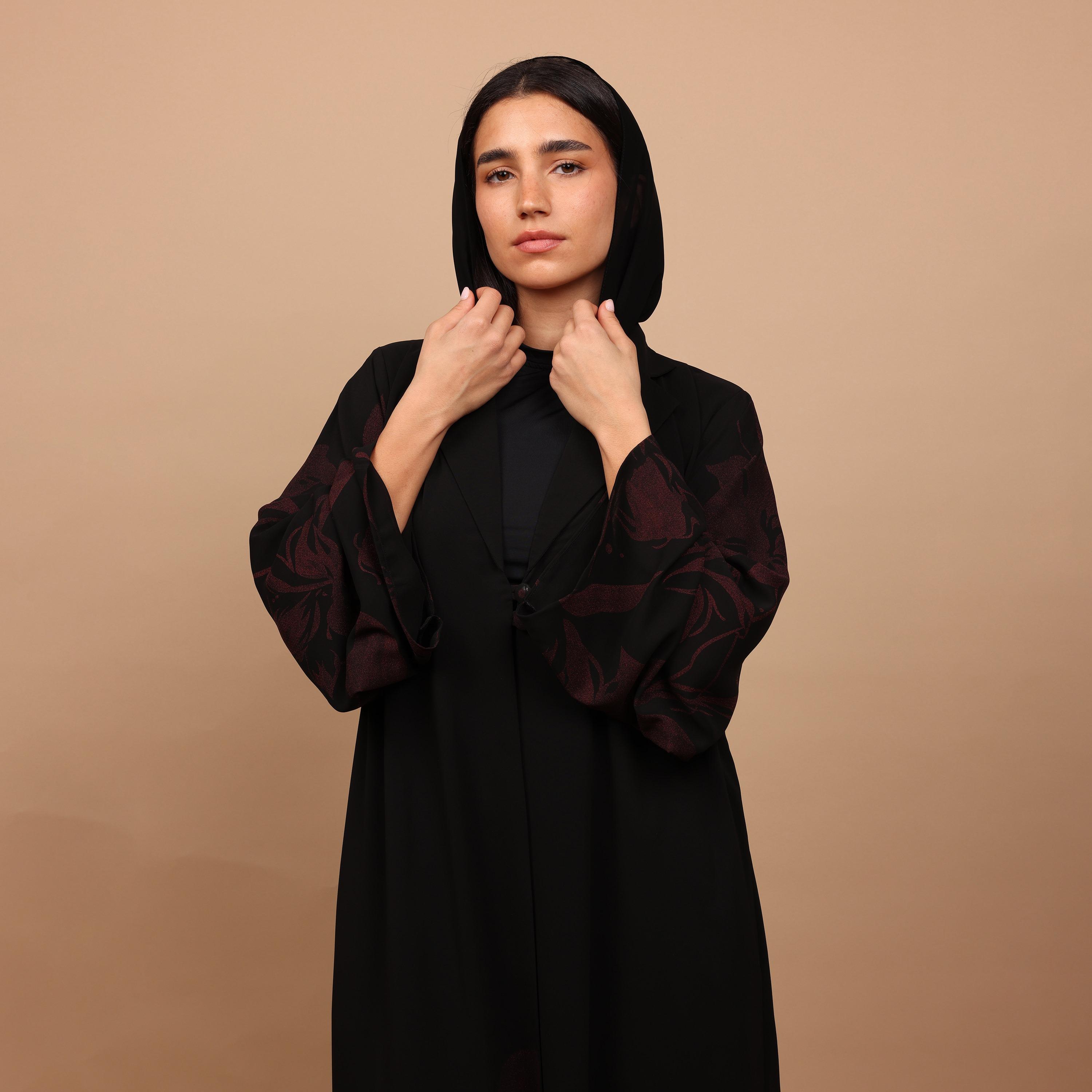 IKKXA Black Floral Print Wide Sleeves Chiffon Women's Abaya with Hijab-women-arabicclothing-abayas-image-2