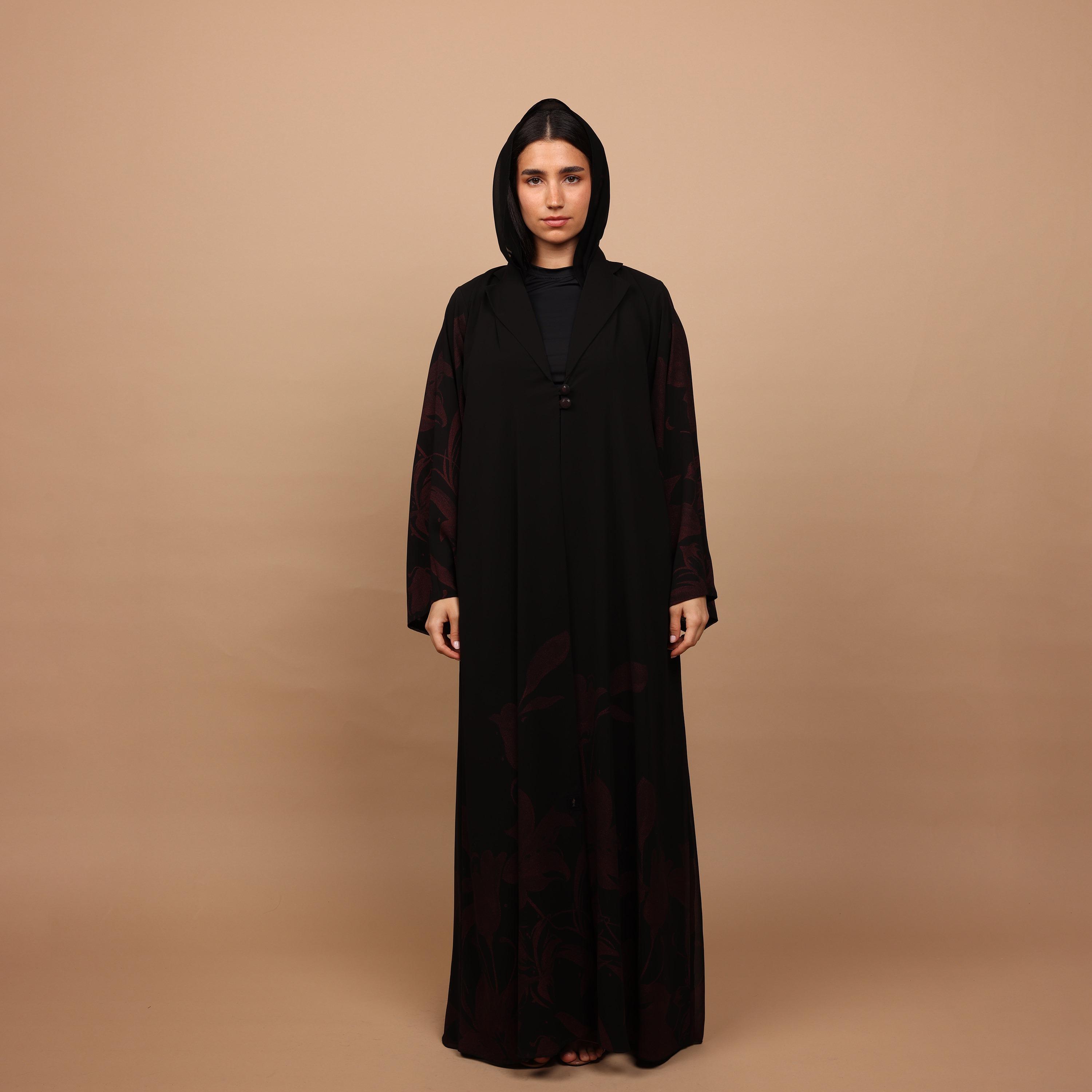IKKXA Black Floral Print Wide Sleeves Chiffon Women's Abaya with Hijab-women-arabicclothing-abayas-image-3