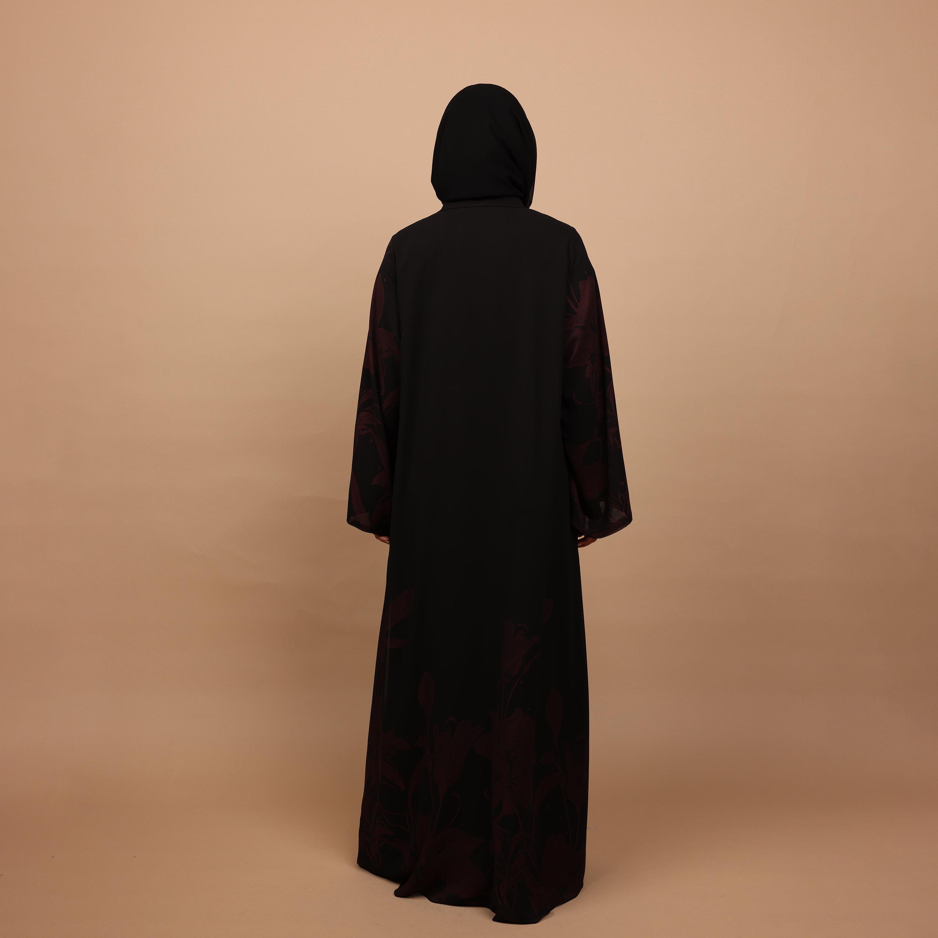IKKXA Black Floral Print Wide Sleeves Chiffon Women's Abaya with Hijab-women-arabicclothing-abayas-image-4