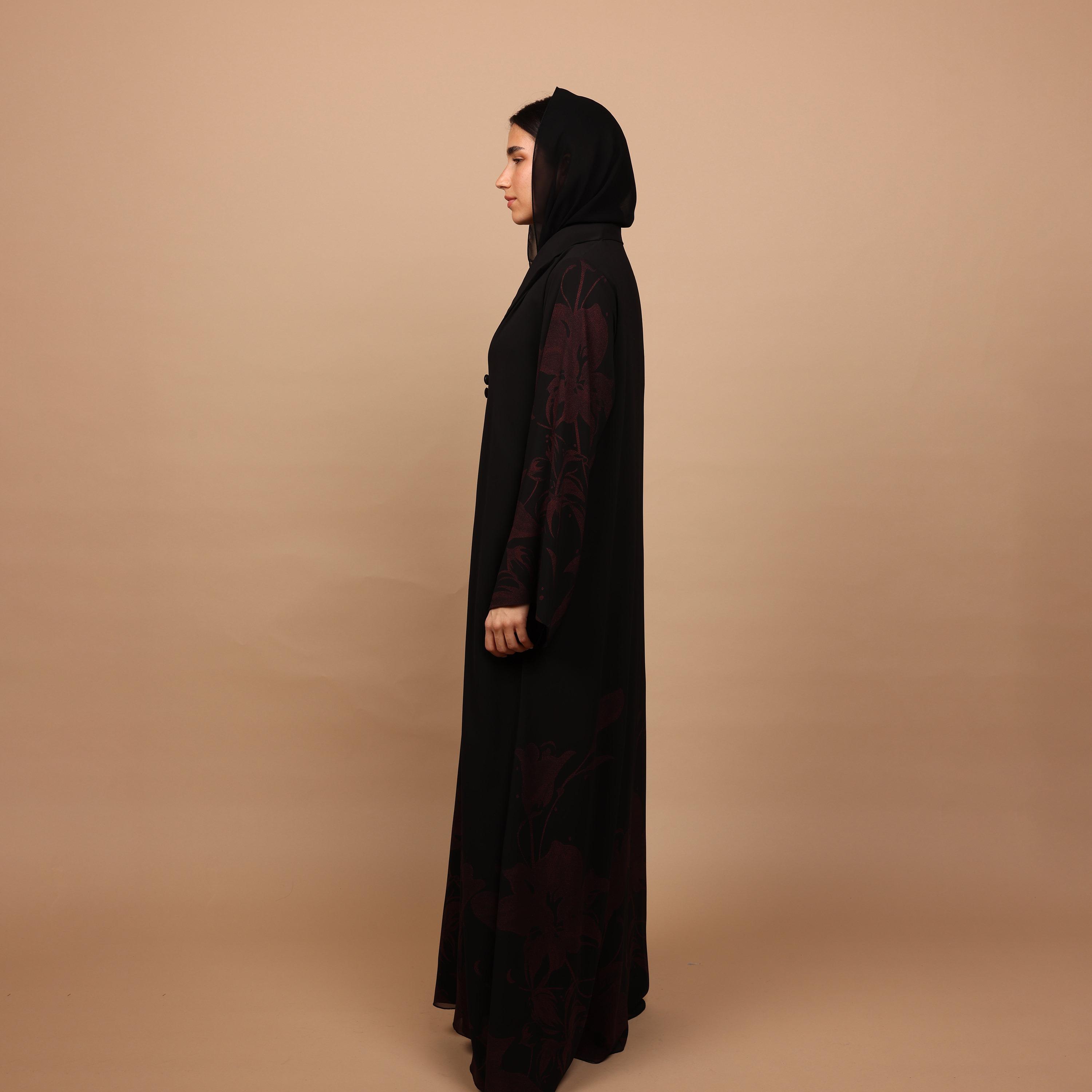 IKKXA Black Floral Print Wide Sleeves Chiffon Women's Abaya with Hijab-women-arabicclothing-abayas-image-5