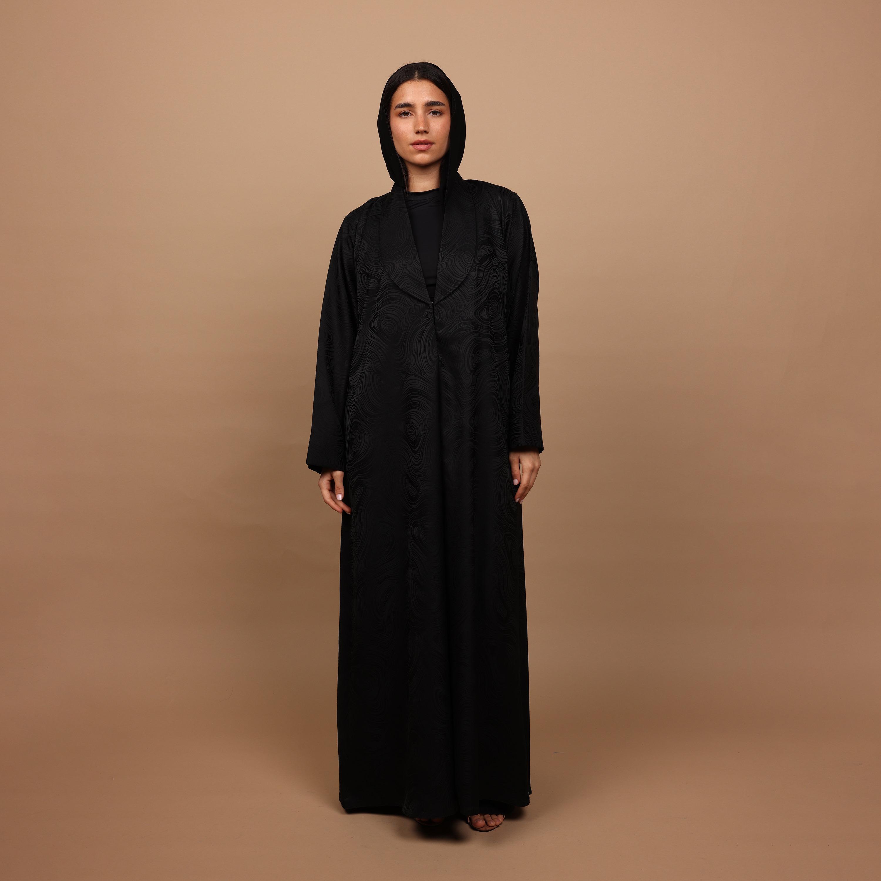 IKKXA Black Abstract Print Lapel Collar Women's Abaya with Hijab-women-arabicclothing-abayas-image-1