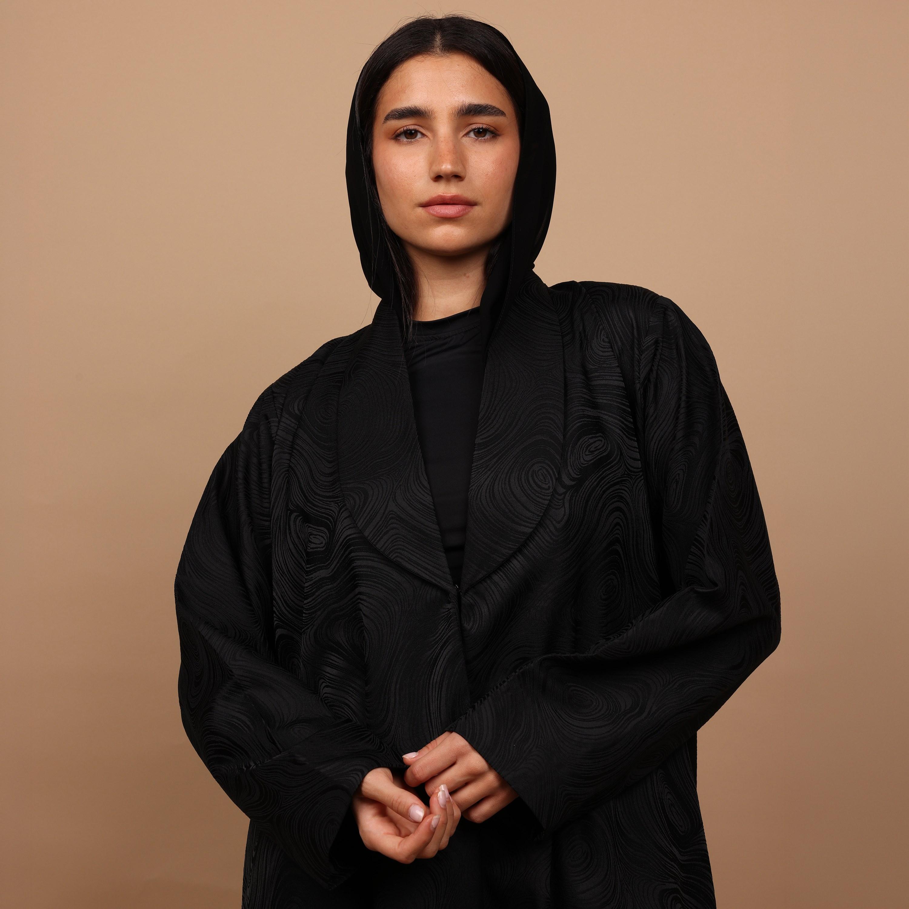 IKKXA Black Abstract Print Lapel Collar Women's Abaya with Hijab-women-arabicclothing-abayas-image-2