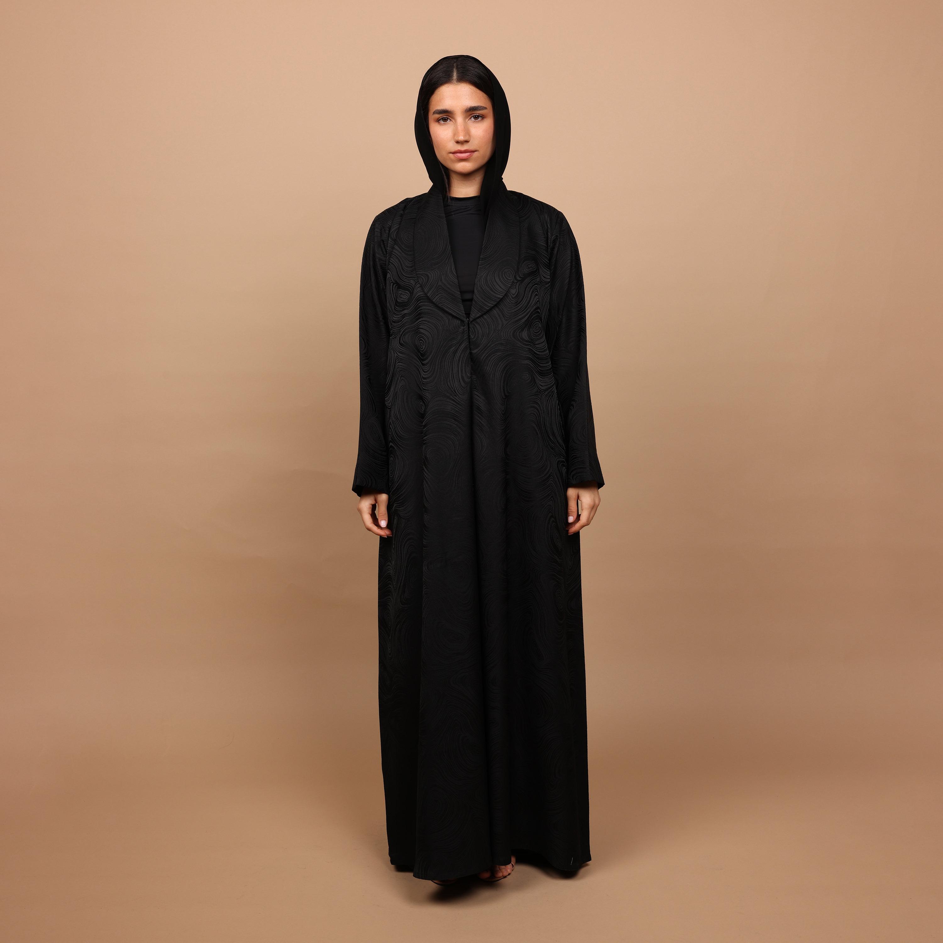 IKKXA Black Abstract Print Lapel Collar Women's Abaya with Hijab-women-arabicclothing-abayas-image-3