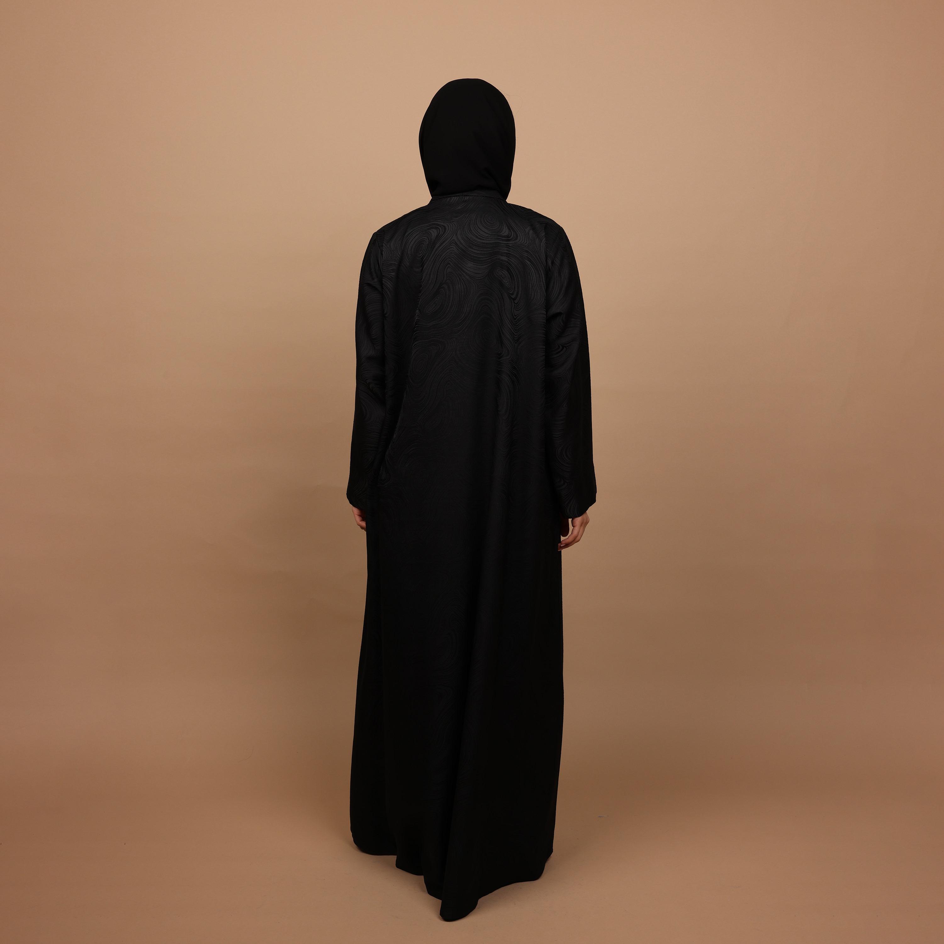 IKKXA Black Abstract Print Lapel Collar Women's Abaya with Hijab-women-arabicclothing-abayas-image-4