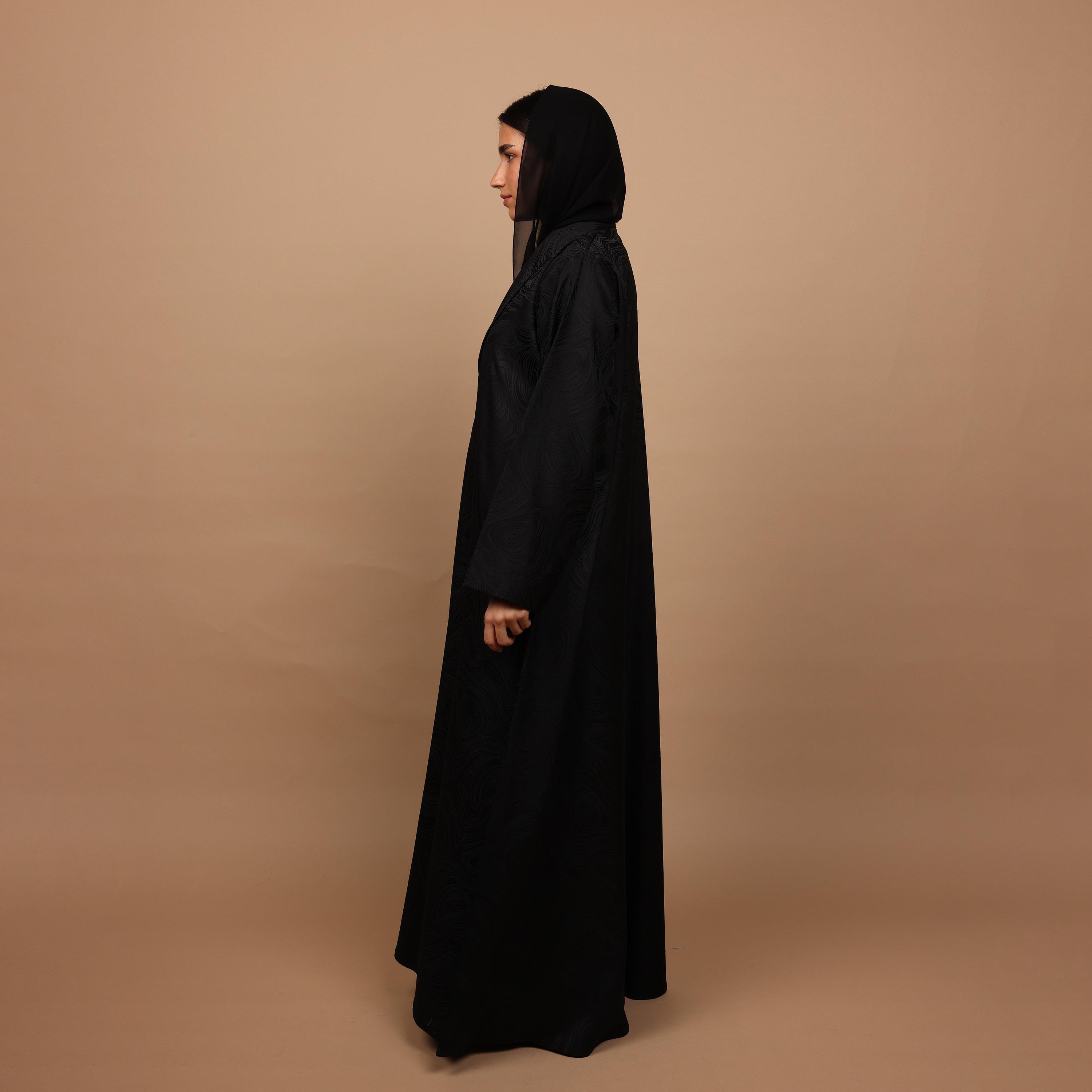 IKKXA Black Abstract Print Lapel Collar Women's Abaya with Hijab-women-arabicclothing-abayas-image-5