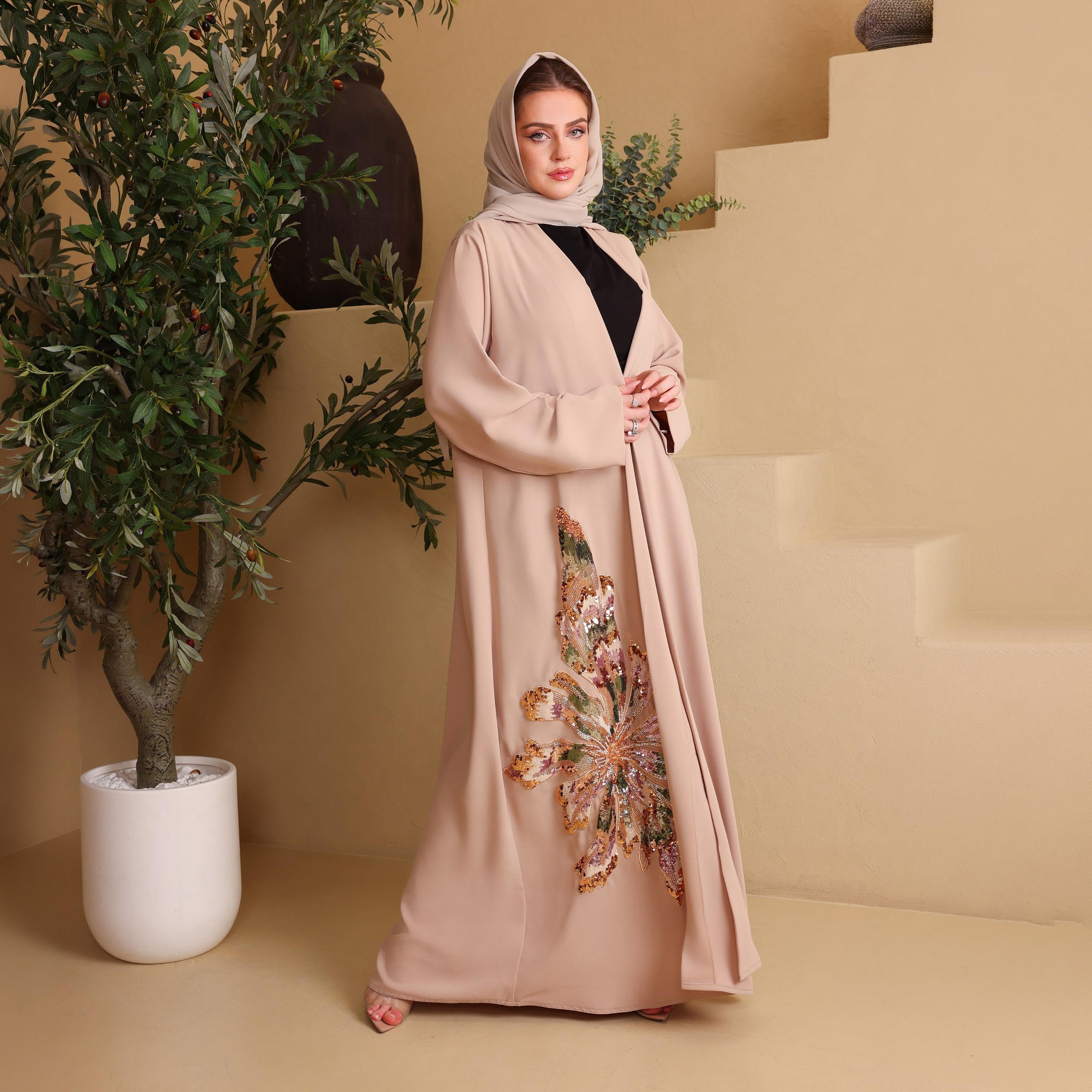 IKKXA Beige Embellished Floral Crepe Women's Evening Abaya with Hijab-women-arabicclothing-abayas-image-1