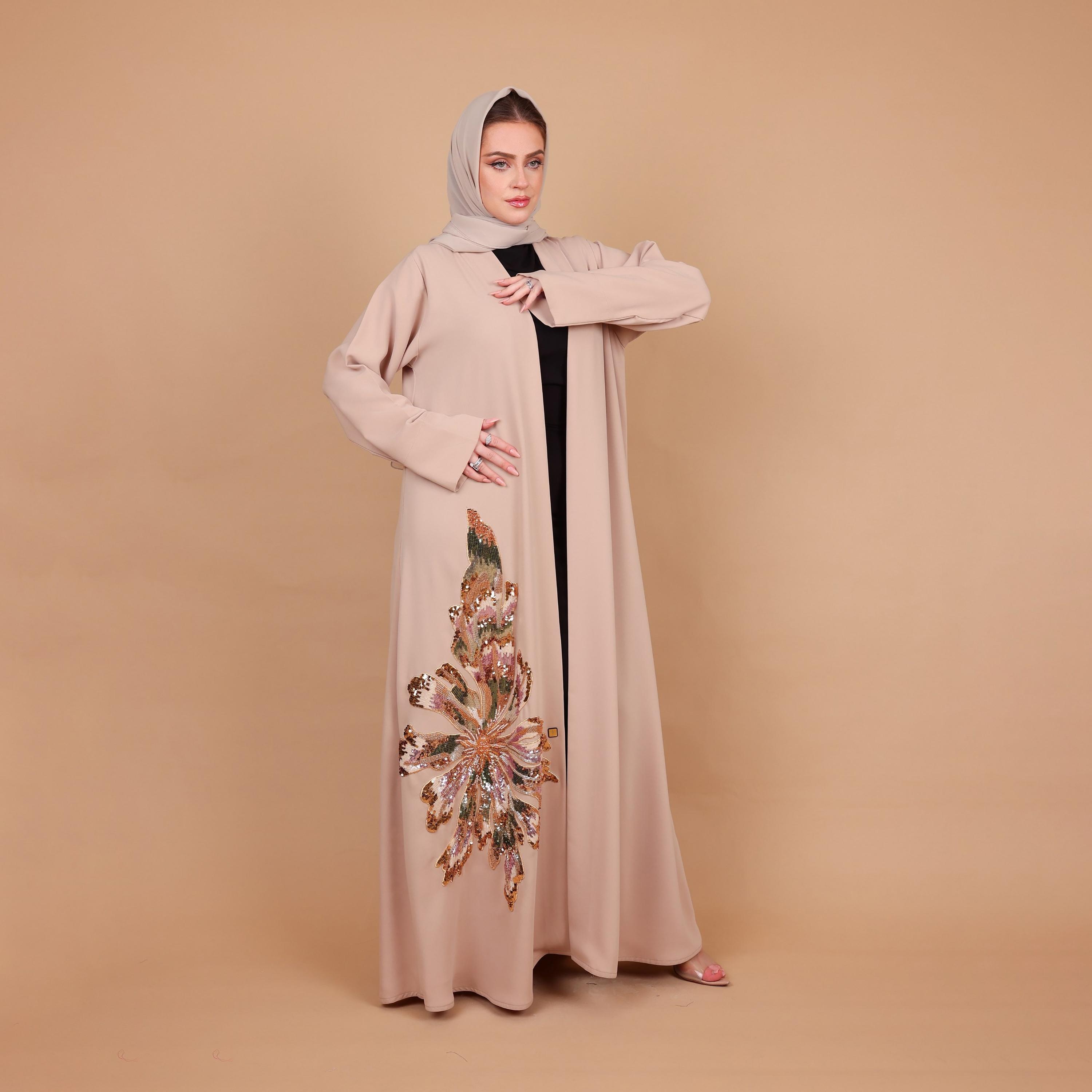 IKKXA Beige Embellished Floral Crepe Women's Evening Abaya with Hijab-women-arabicclothing-abayas-image-2