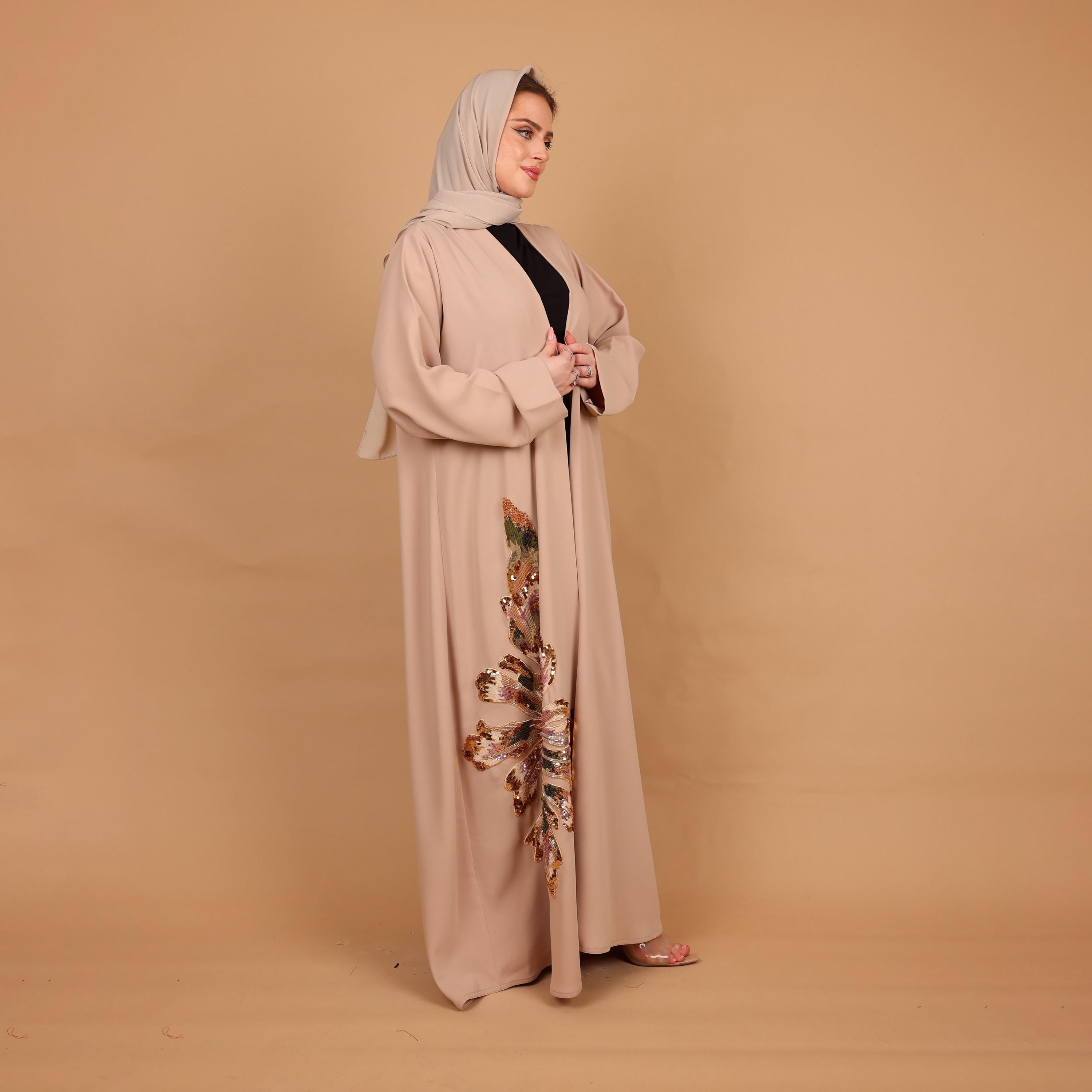 IKKXA Beige Embellished Floral Crepe Women's Evening Abaya with Hijab-women-arabicclothing-abayas-image-3